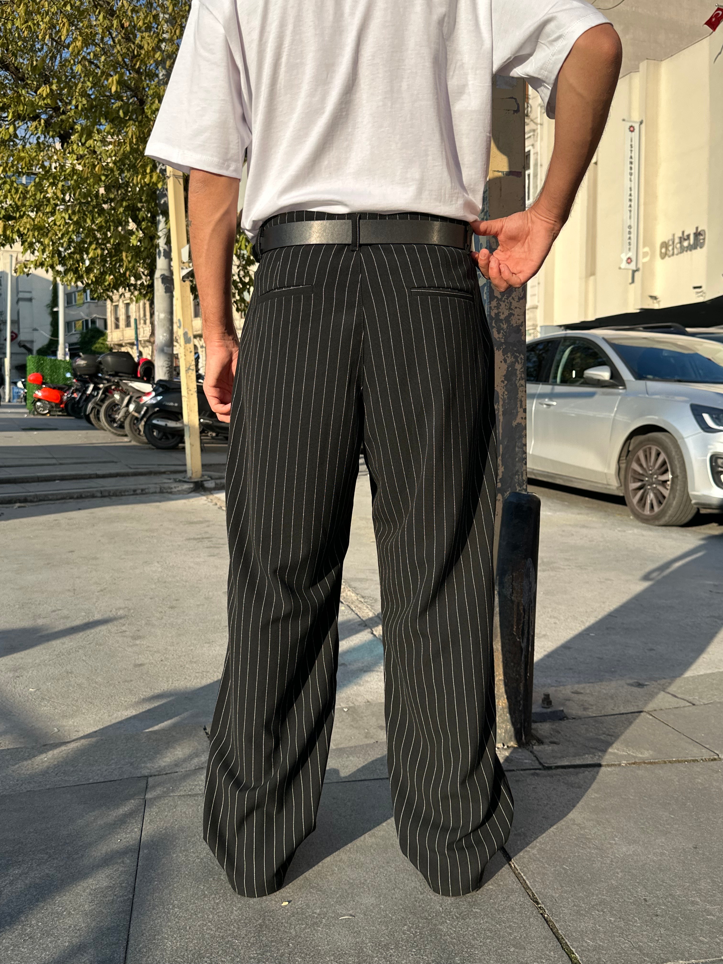 Premium Çizgili Baggy Kumaş Pantolon  - Siyah