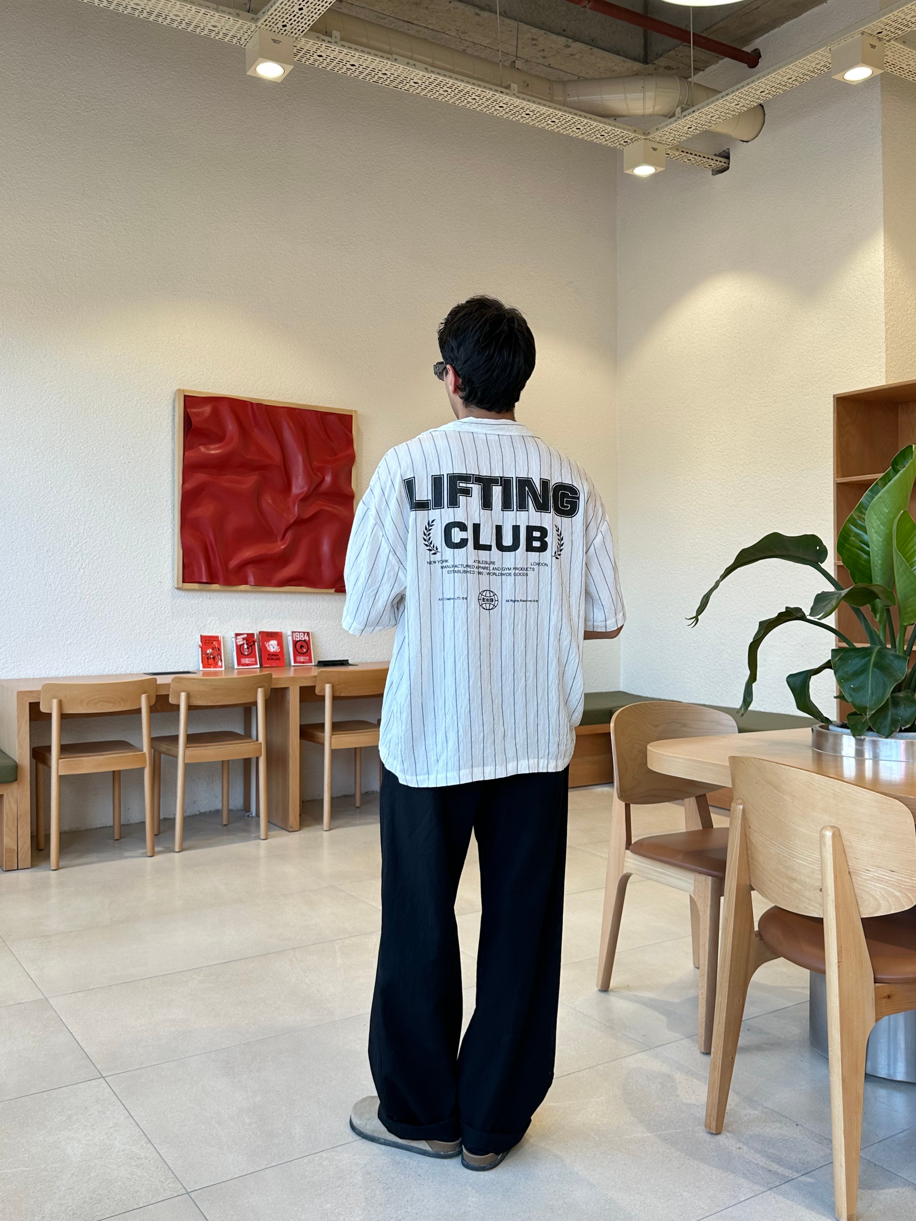 Lifting Club Baskılı Oversize Çizgili Gömlek - Beyaz