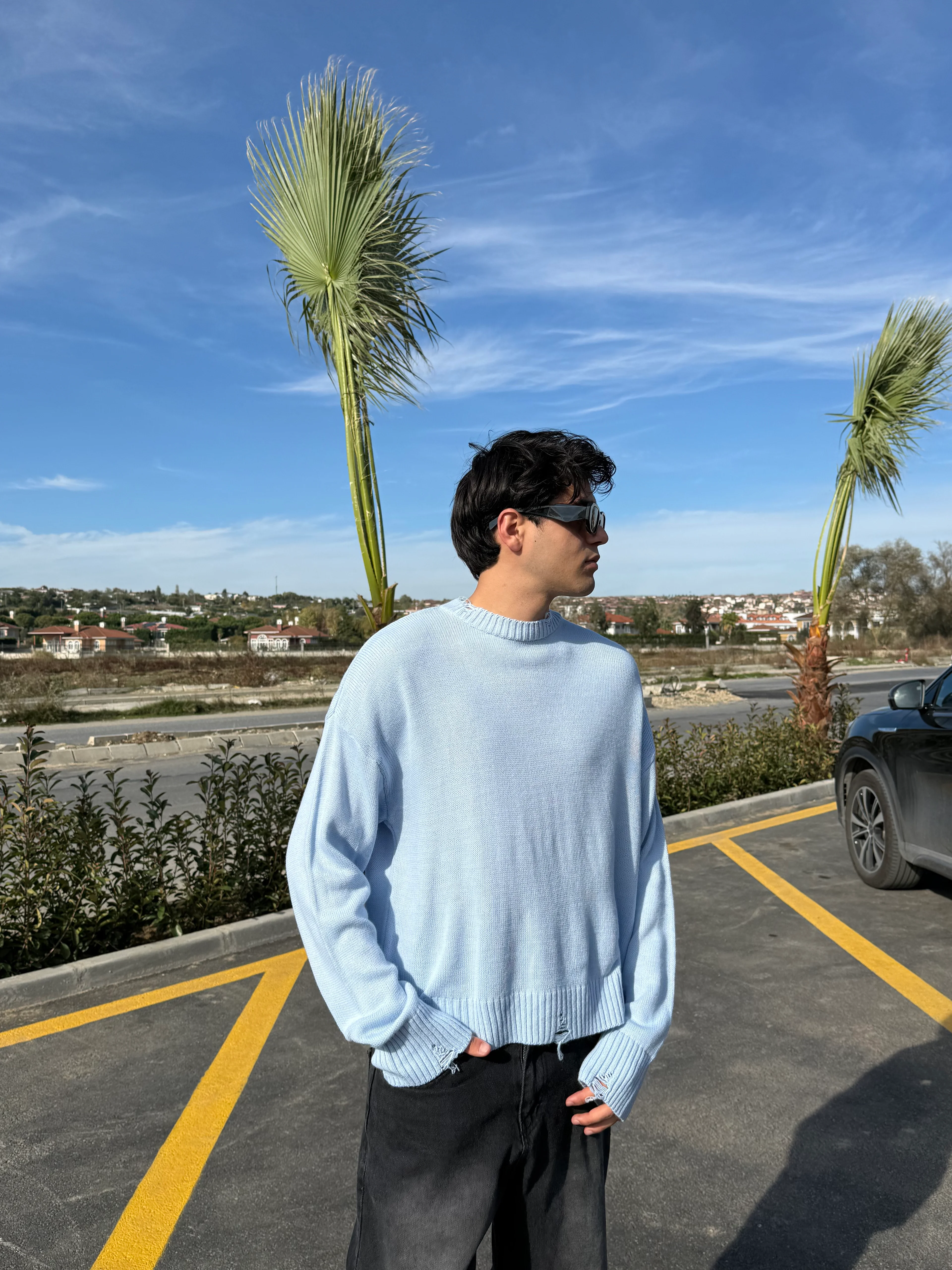 Basic Crop Kesim Oversize Triko Kazak - Bebe Mavisi