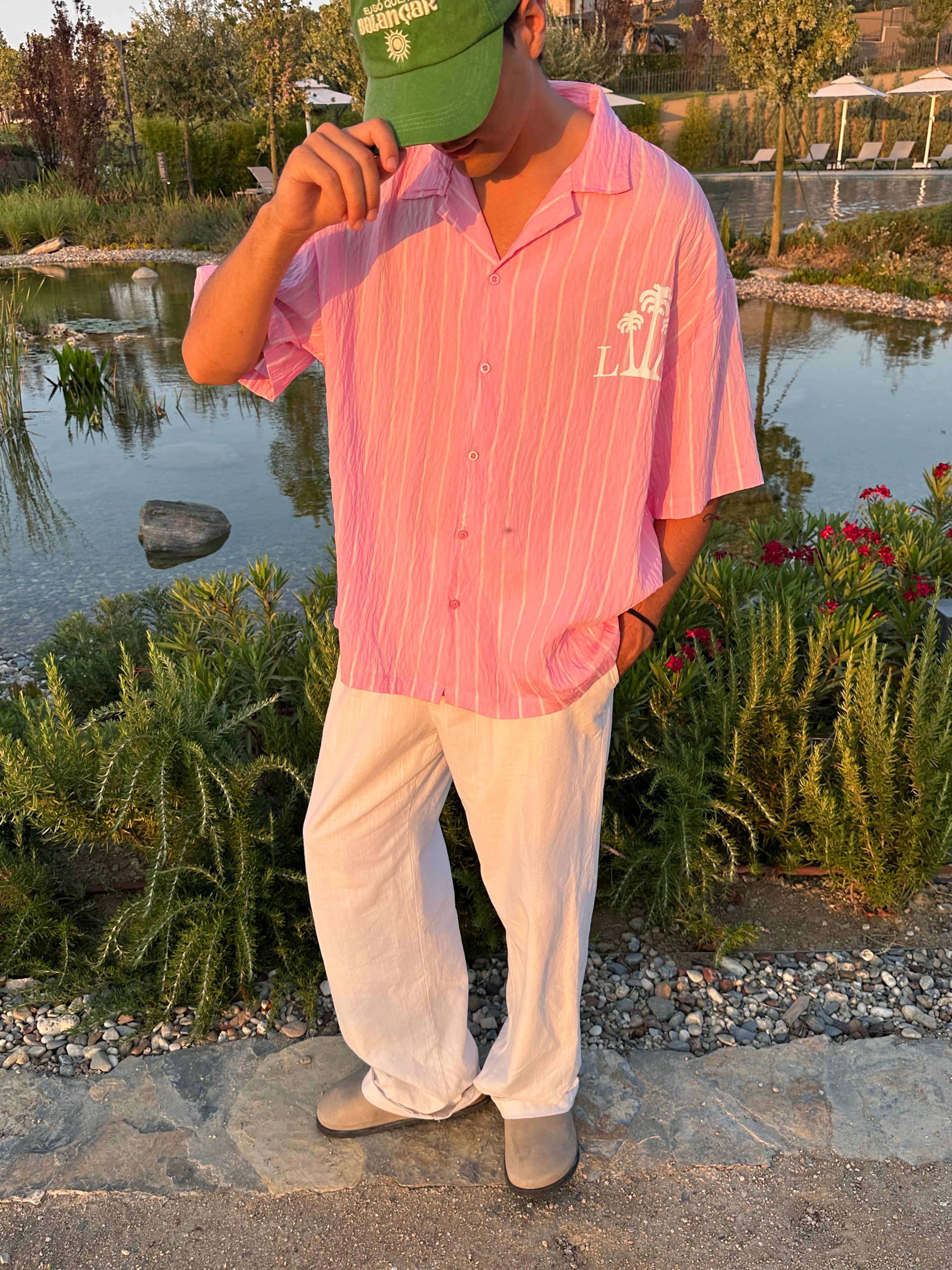 LA Baskılı Oversize Çizgili Gömlek - Pembe