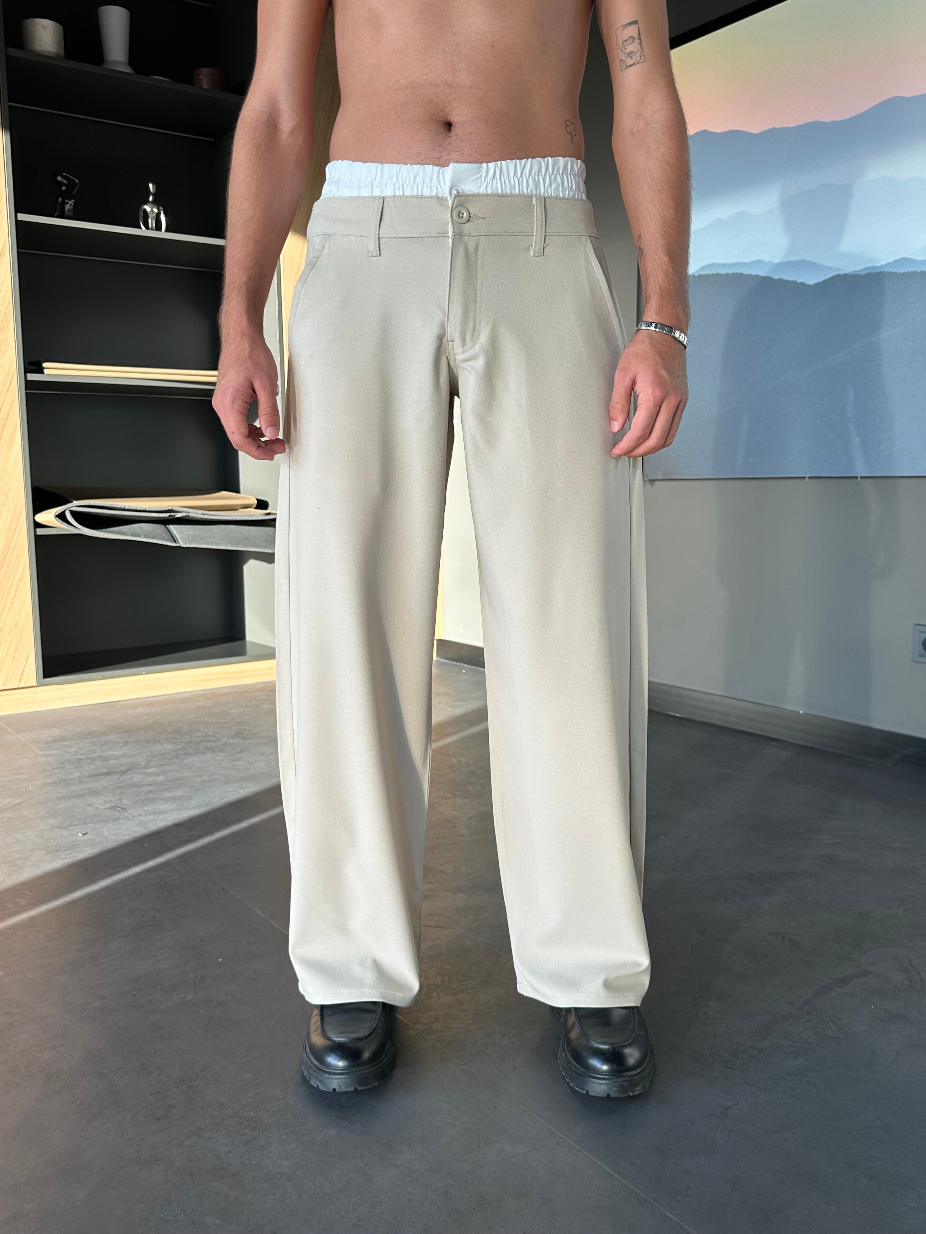 Double Waist Bej Baggy Kumaş Pantolon