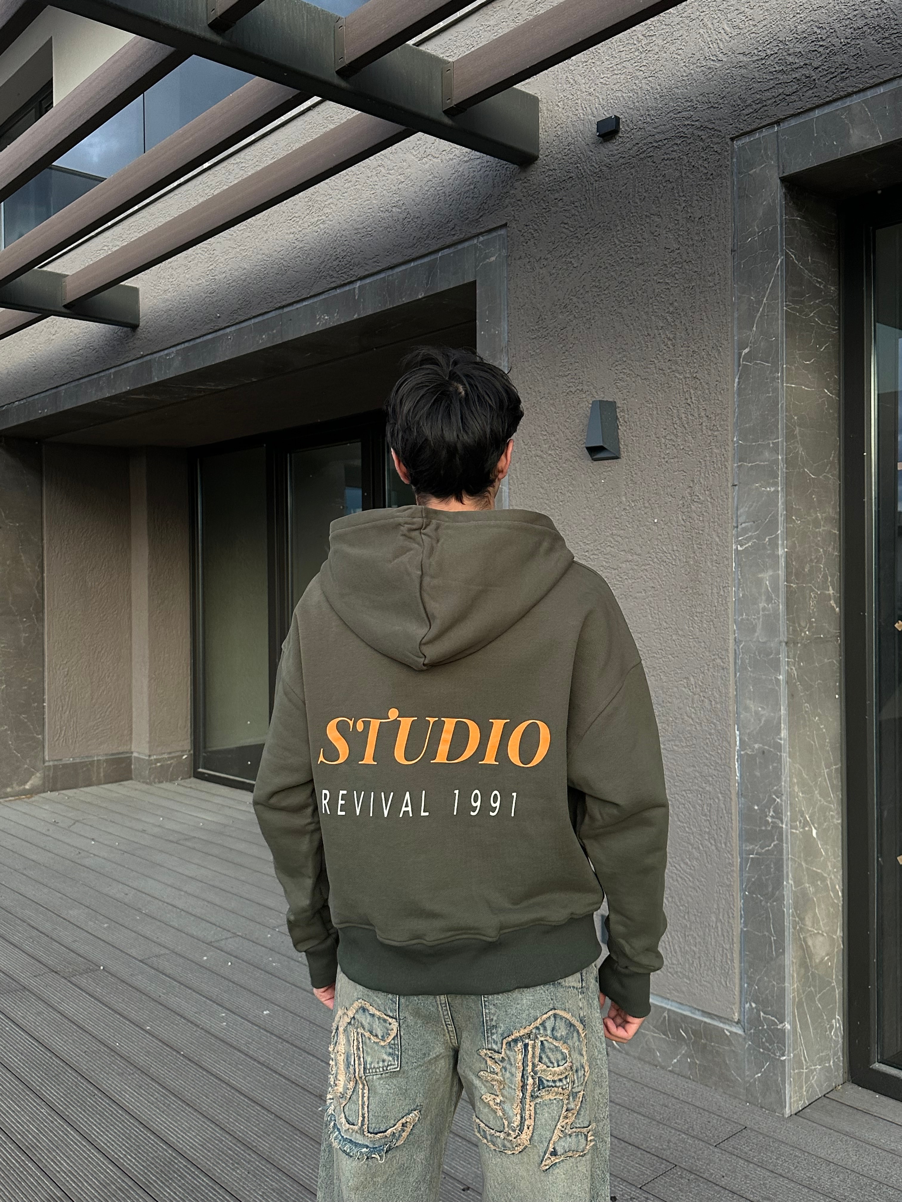 Studio Revival Baskılı Haki Yeşil Zip Hoodie 