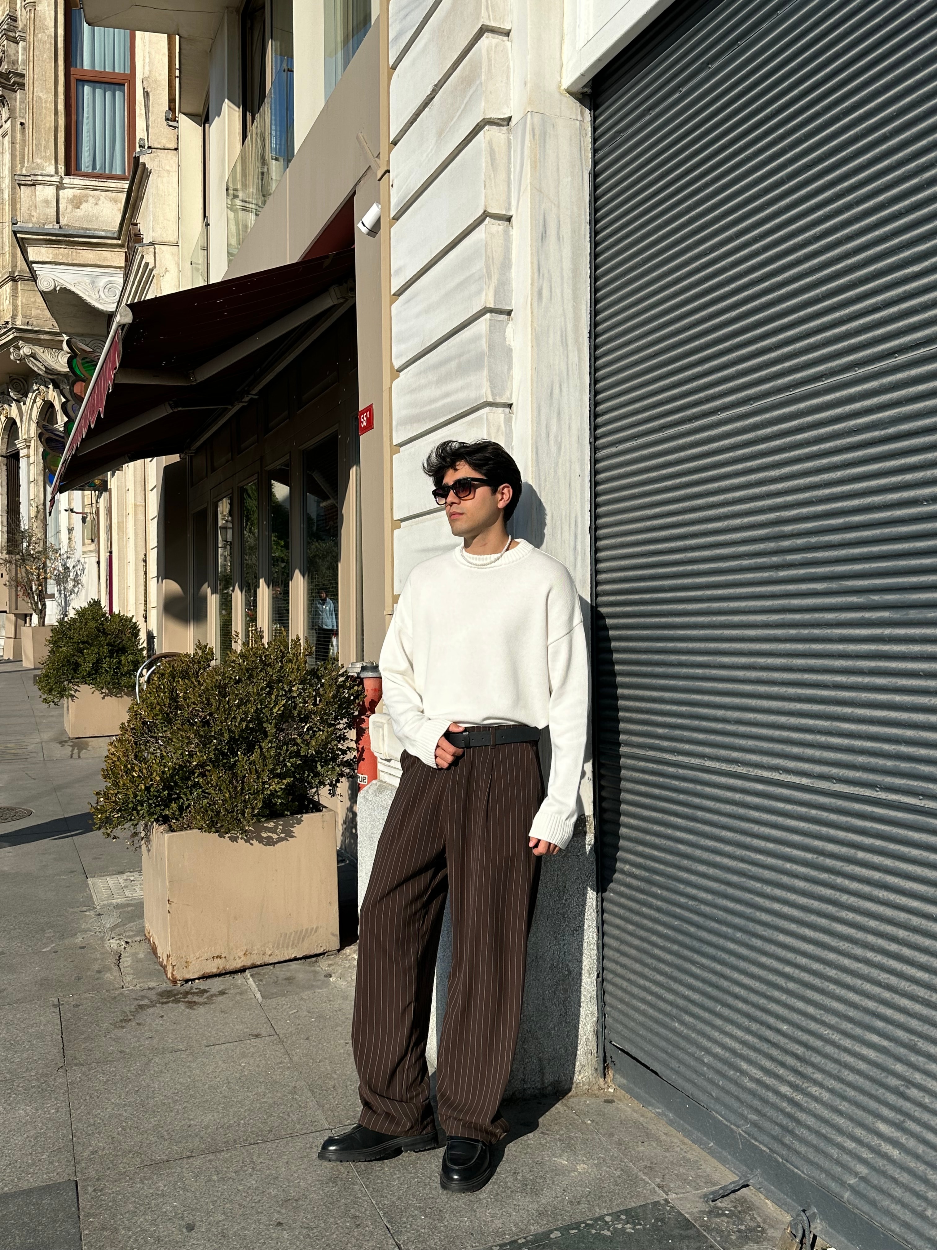 Premium Çizgili Baggy Kumaş Pantolon  - Kahverengi