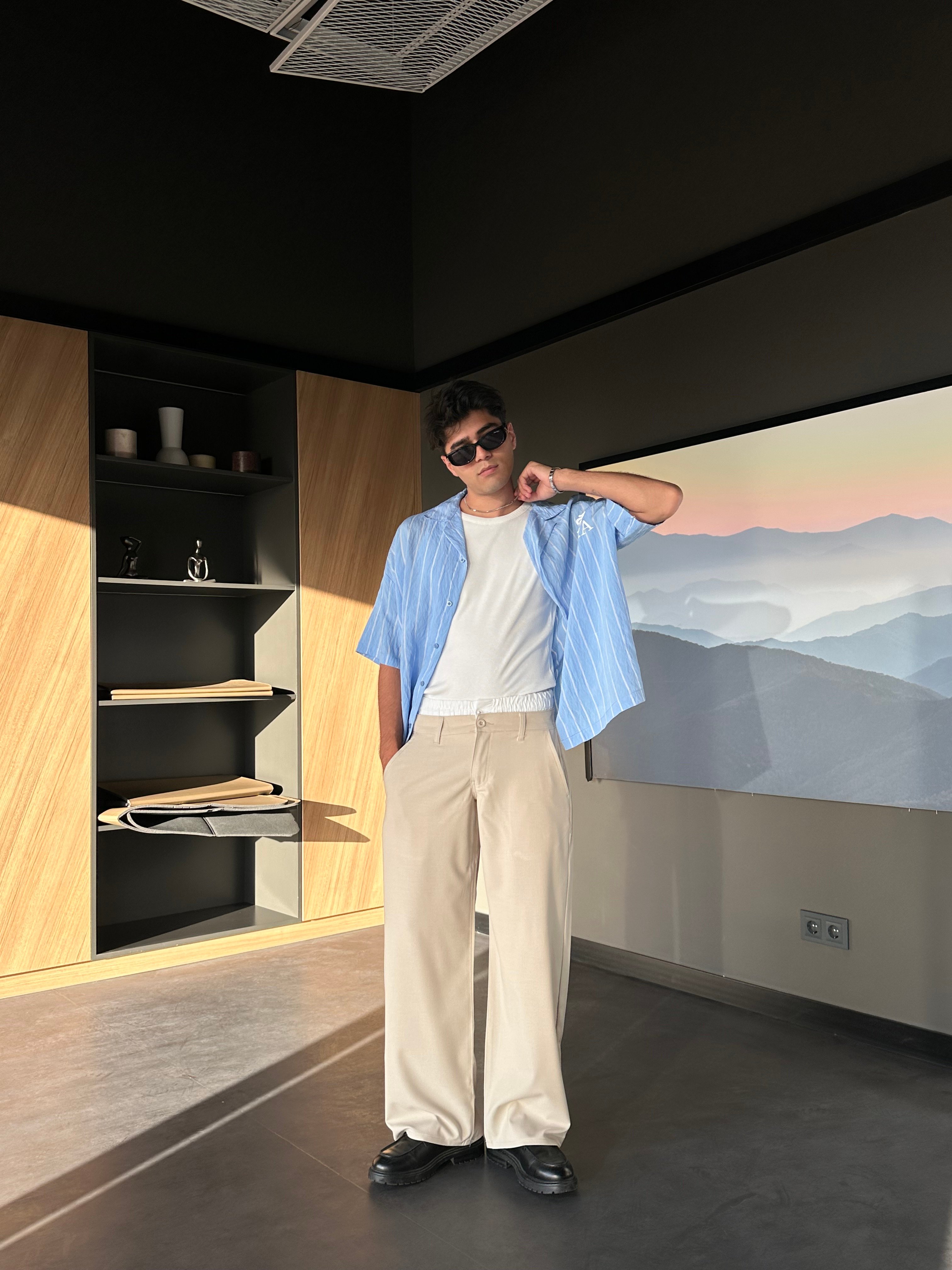 Double Waist Bej Baggy Kumaş Pantolon