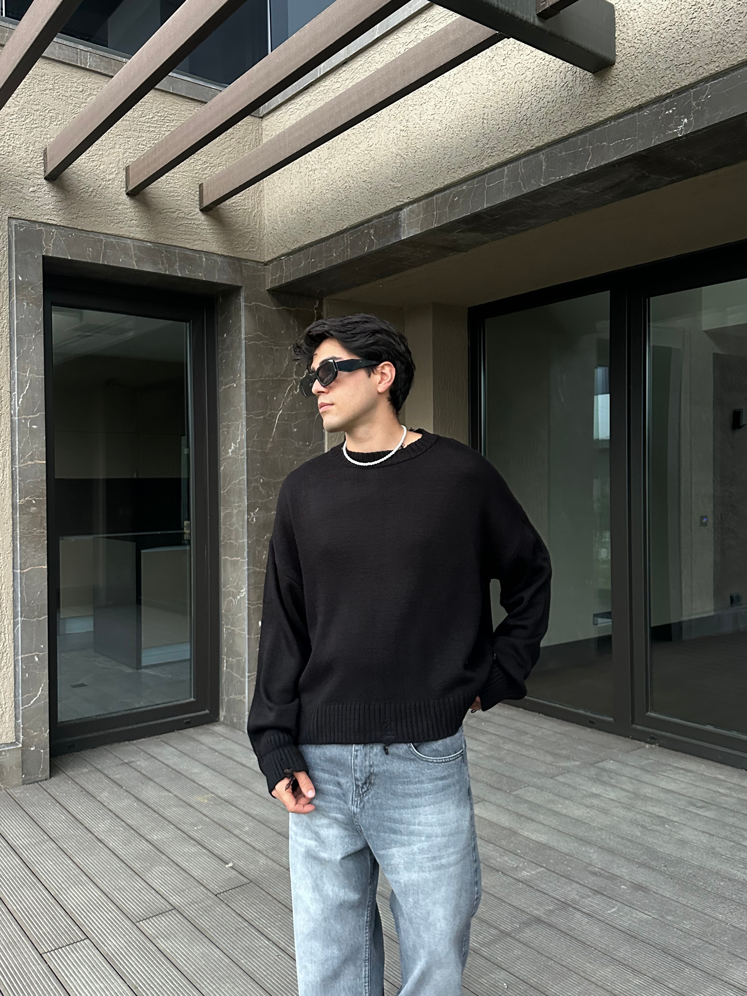 Basic Crop Kesim Oversize Triko Kazak - Siyah