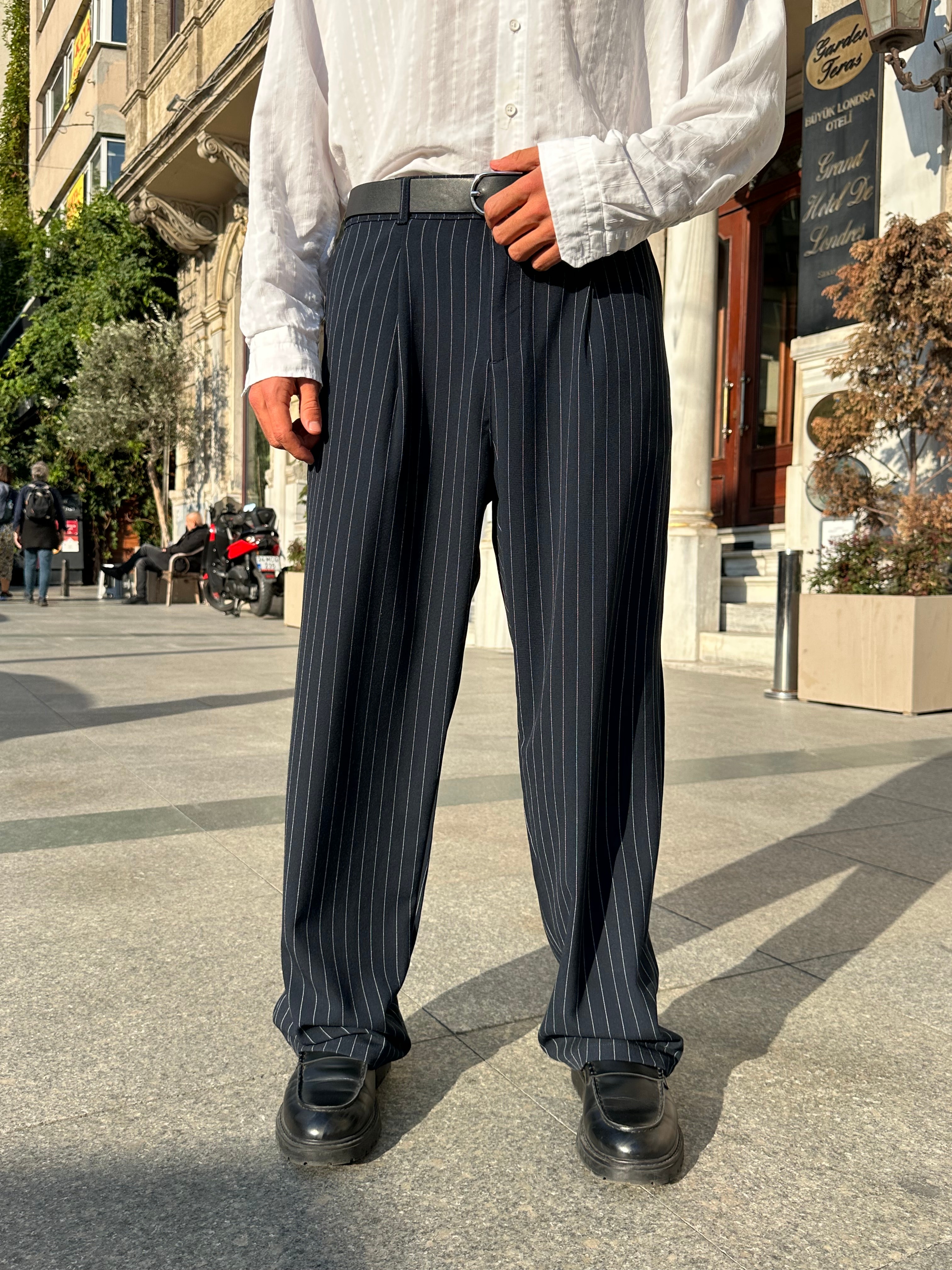 Premium Çizgili Baggy Kumaş Pantolon  - Lacivert