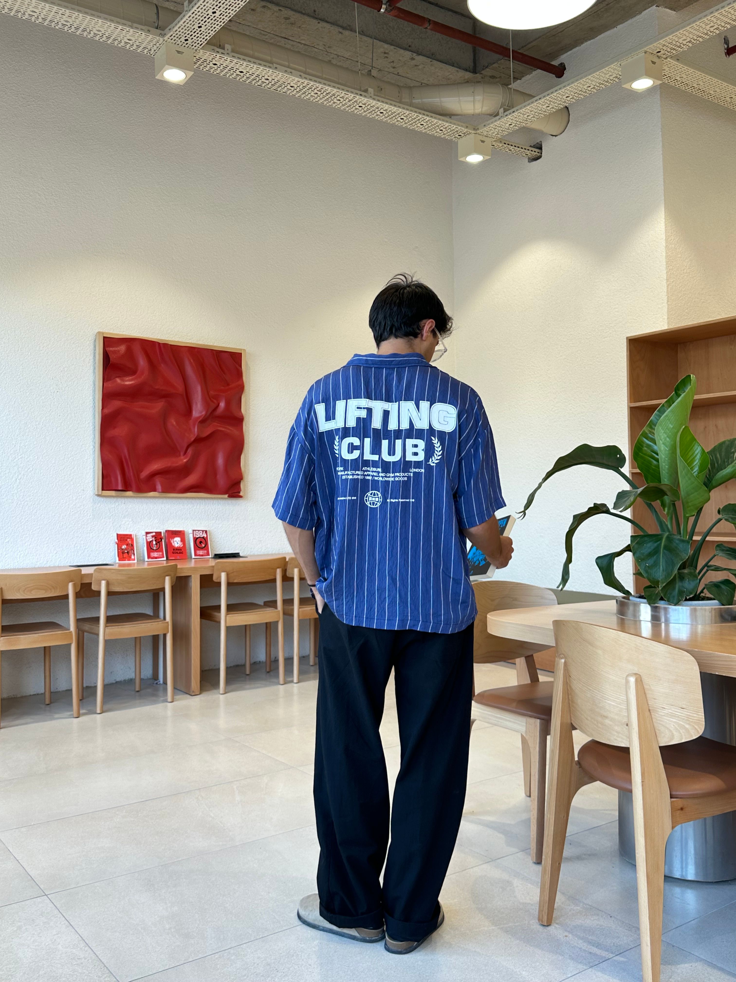 Lifting Club Baskılı Oversize Çizgili Gömlek - Mavi