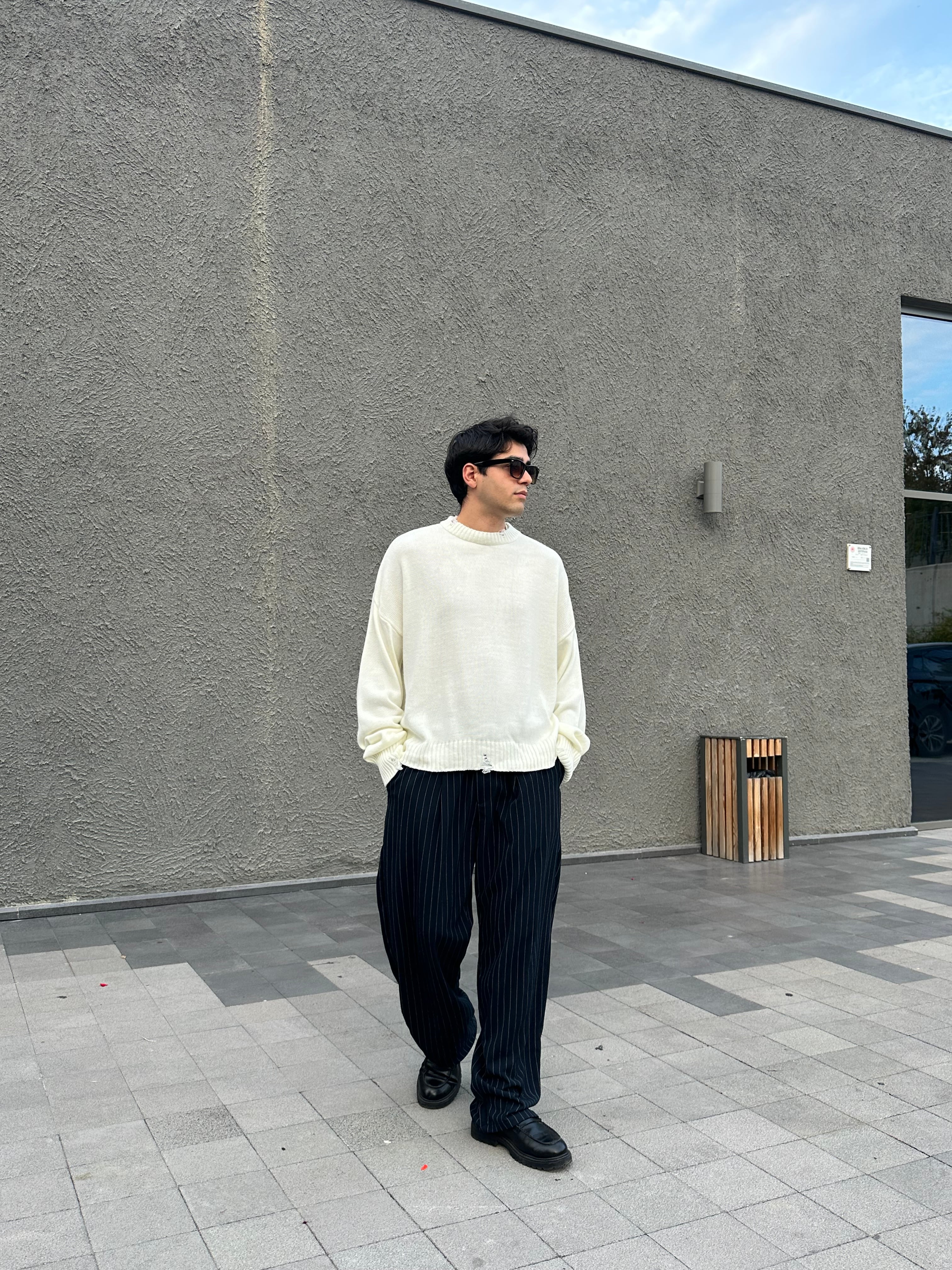 Basic Crop Kesim Oversize Triko Kazak - Ekru