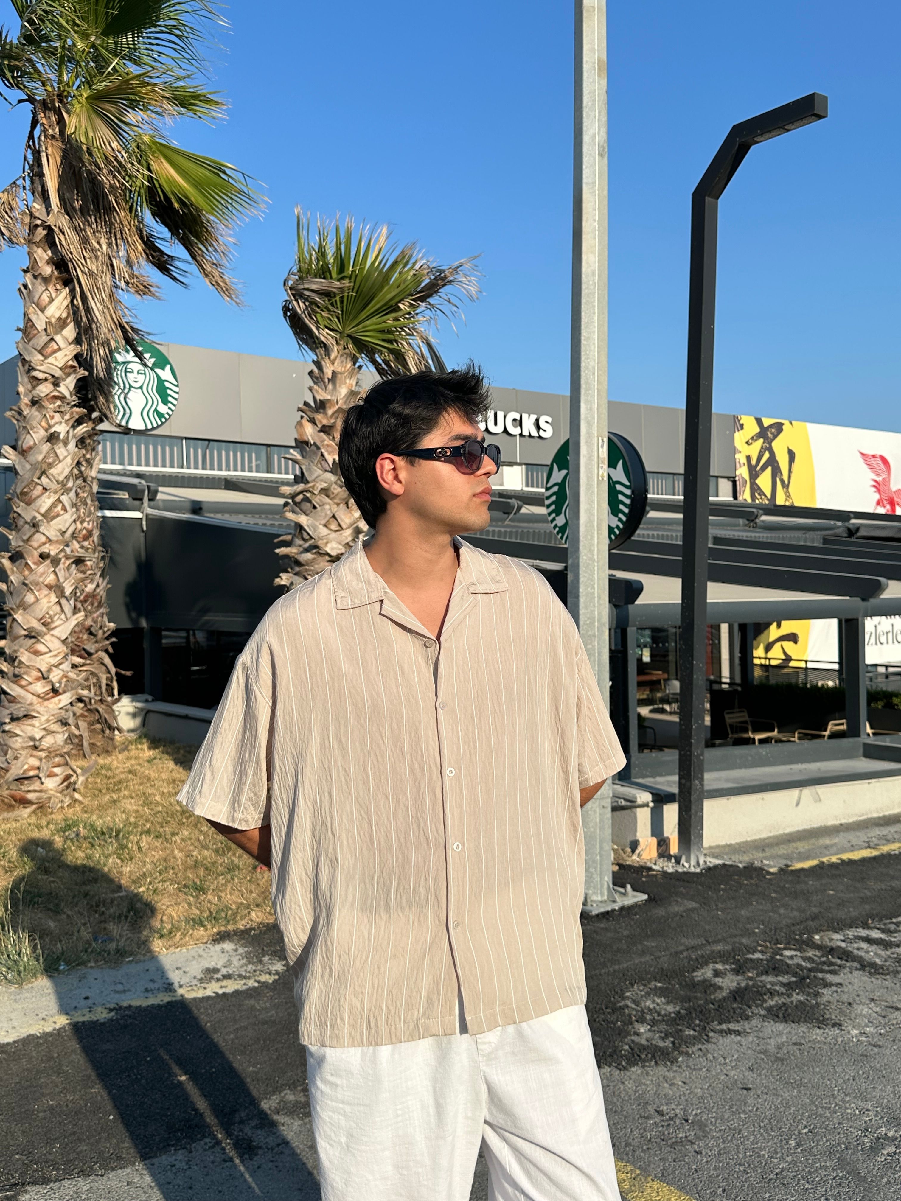 Çizgili Kısa Kol Oversize Gömlek - Bej