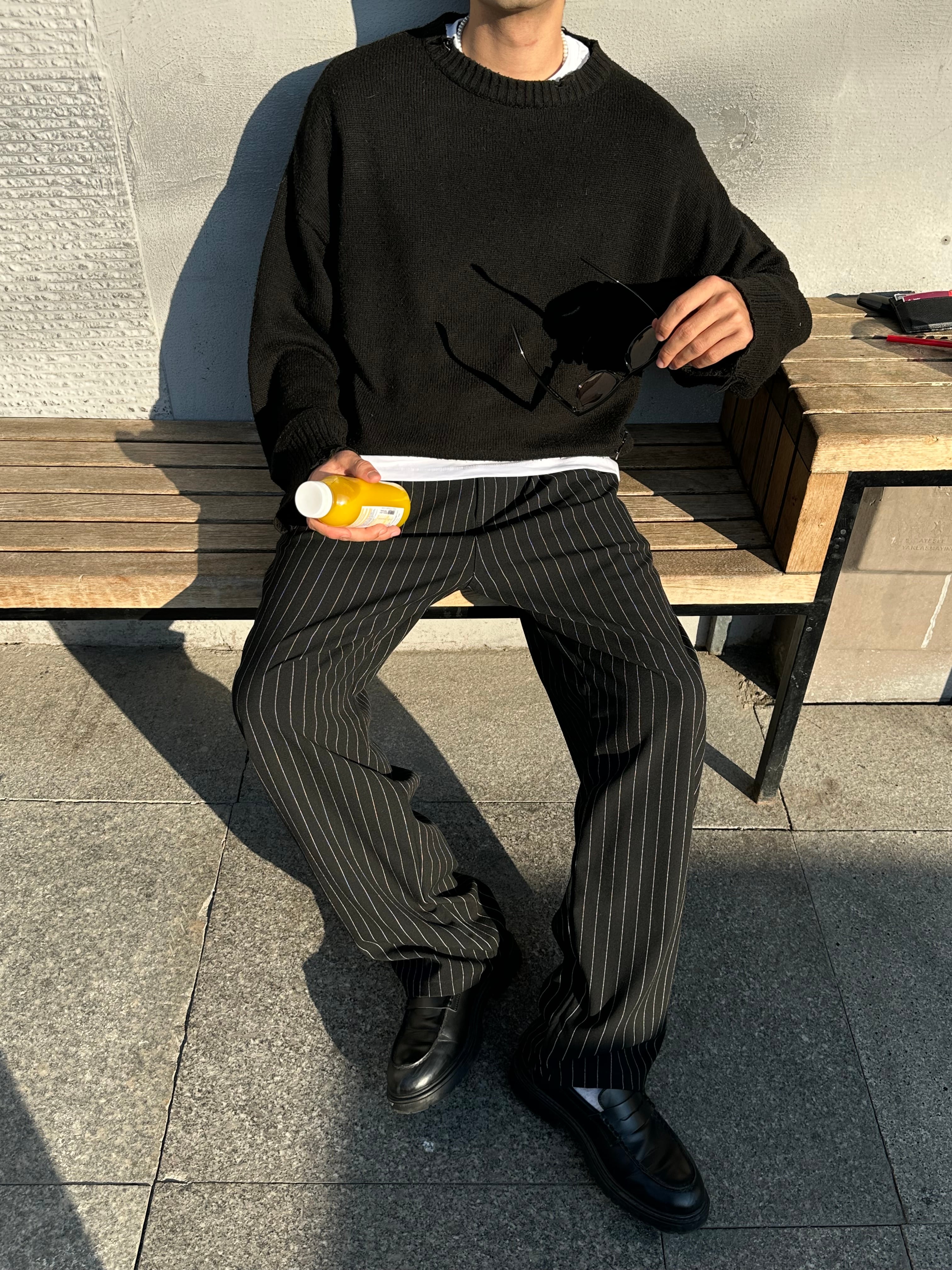 Premium Çizgili Baggy Kumaş Pantolon  - Siyah