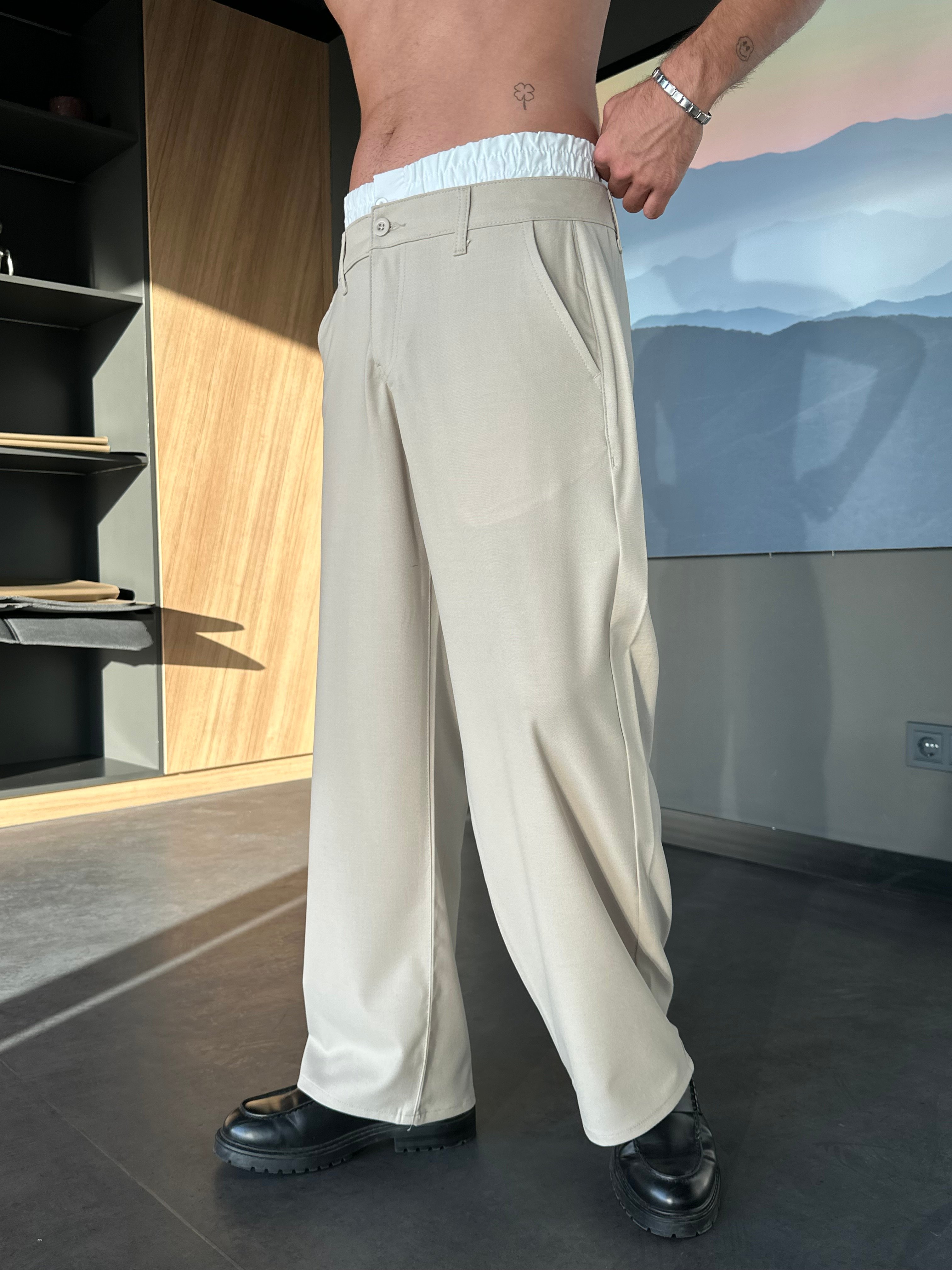 Double Waist Bej Baggy Kumaş Pantolon