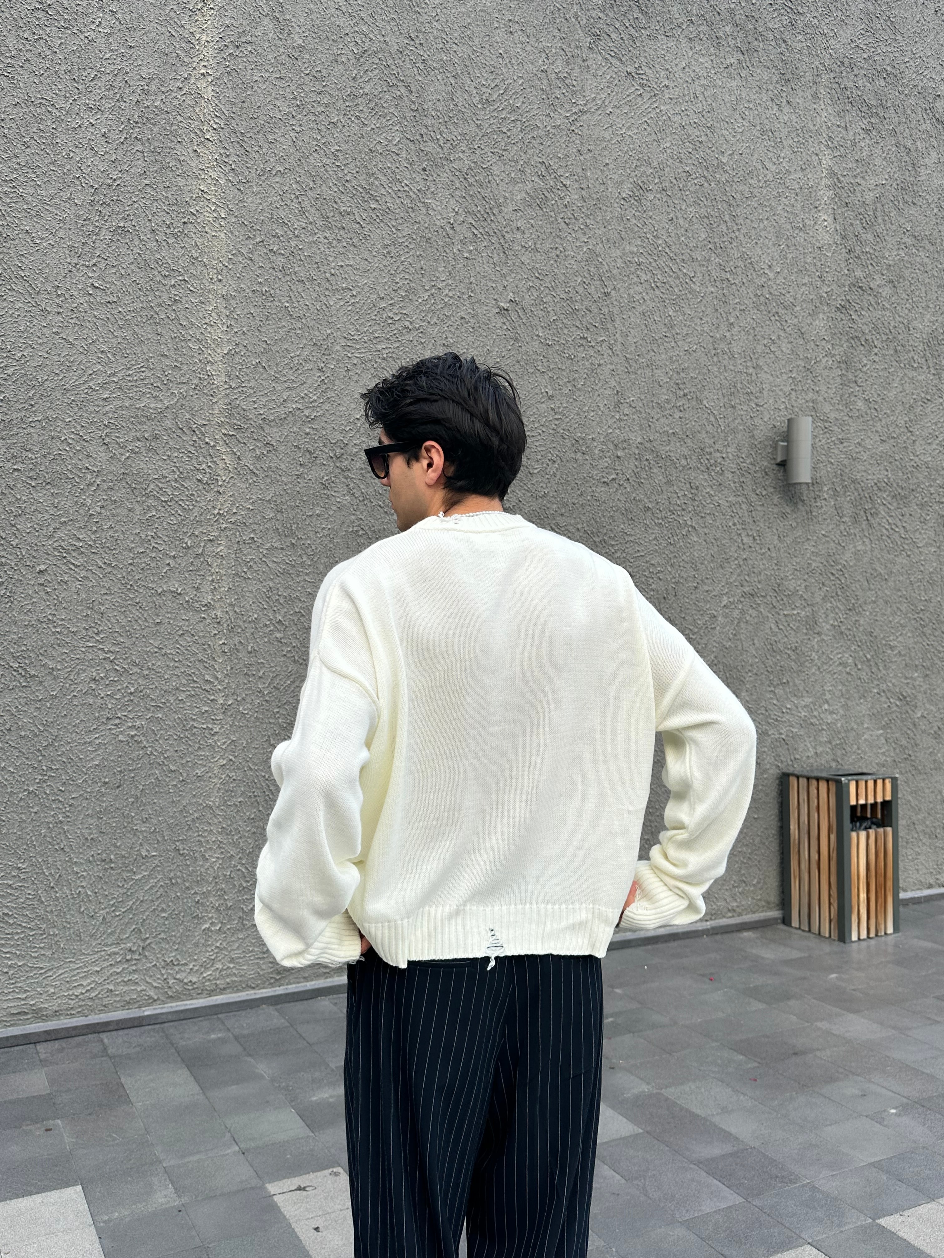 Basic Crop Kesim Oversize Triko Kazak - Ekru