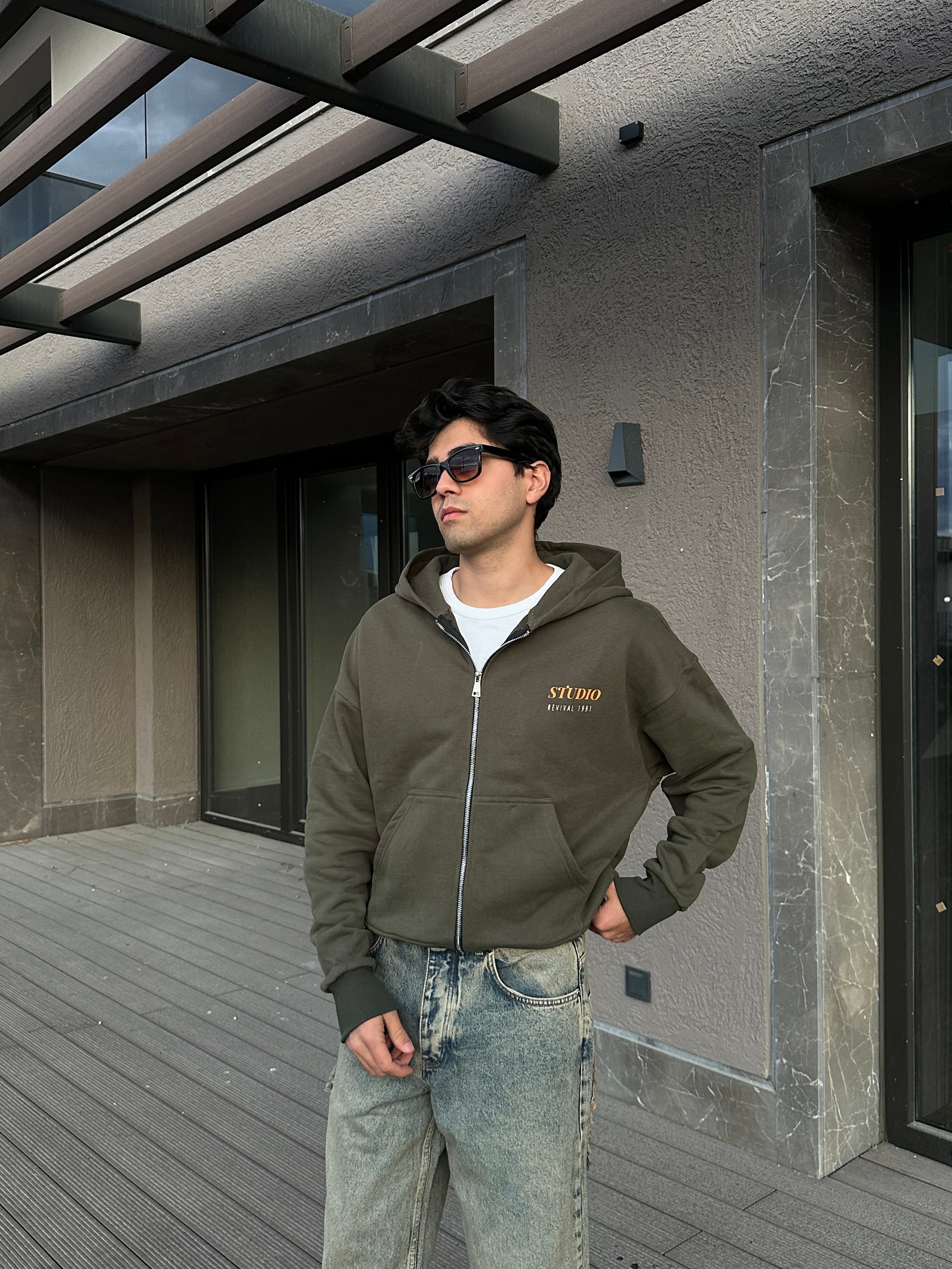 Studio Revival Baskılı Haki Yeşil Zip Hoodie 