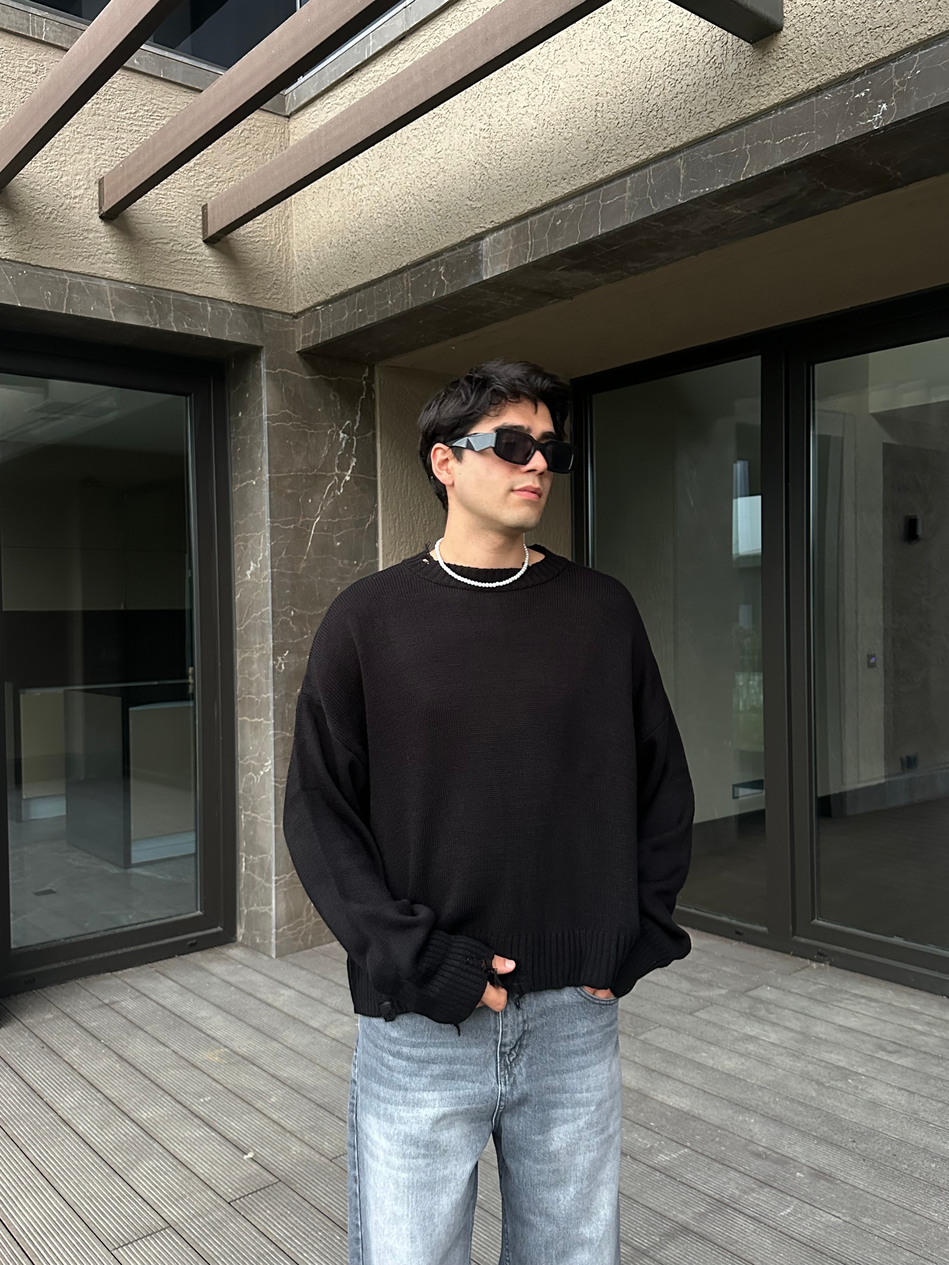 Basic Crop Kesim Oversize Triko Kazak - Siyah