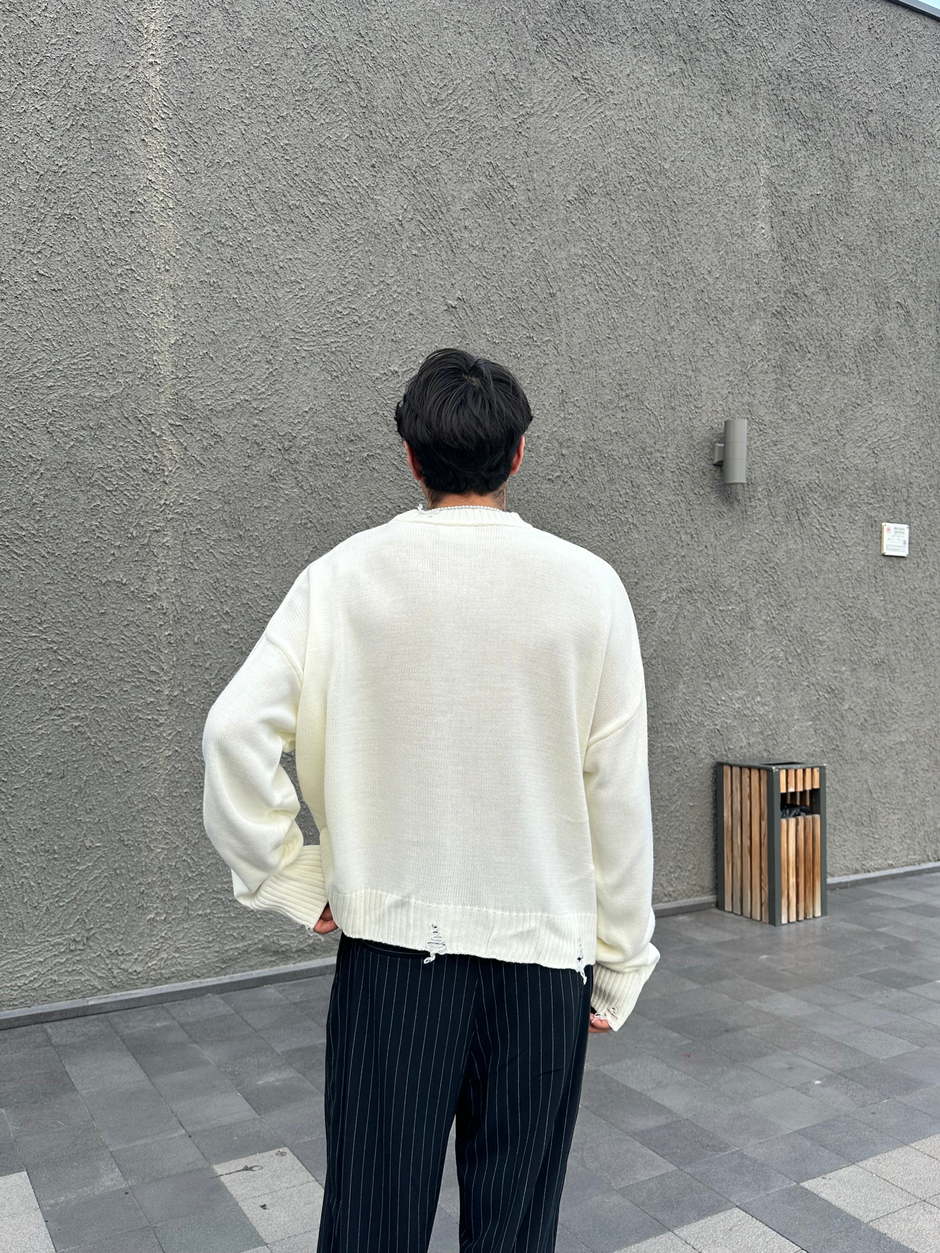 Basic Crop Kesim Oversize Triko Kazak - Ekru