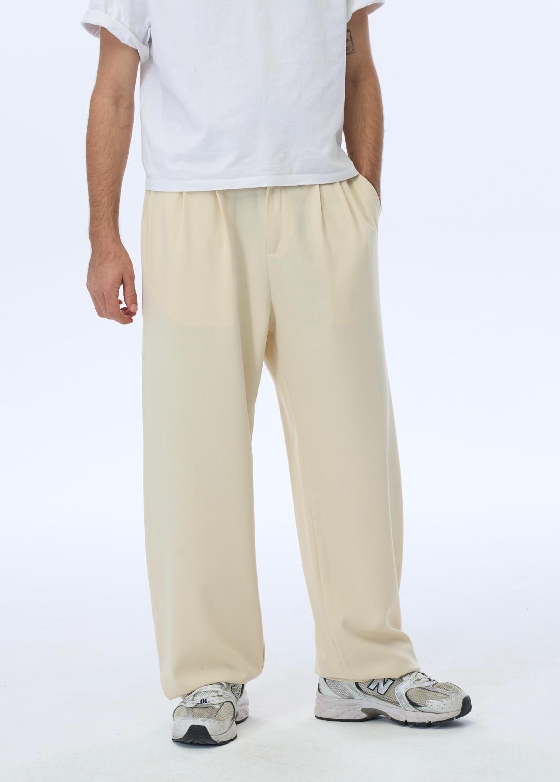 Basic Beyaz Baggy Kumaş Pantolon