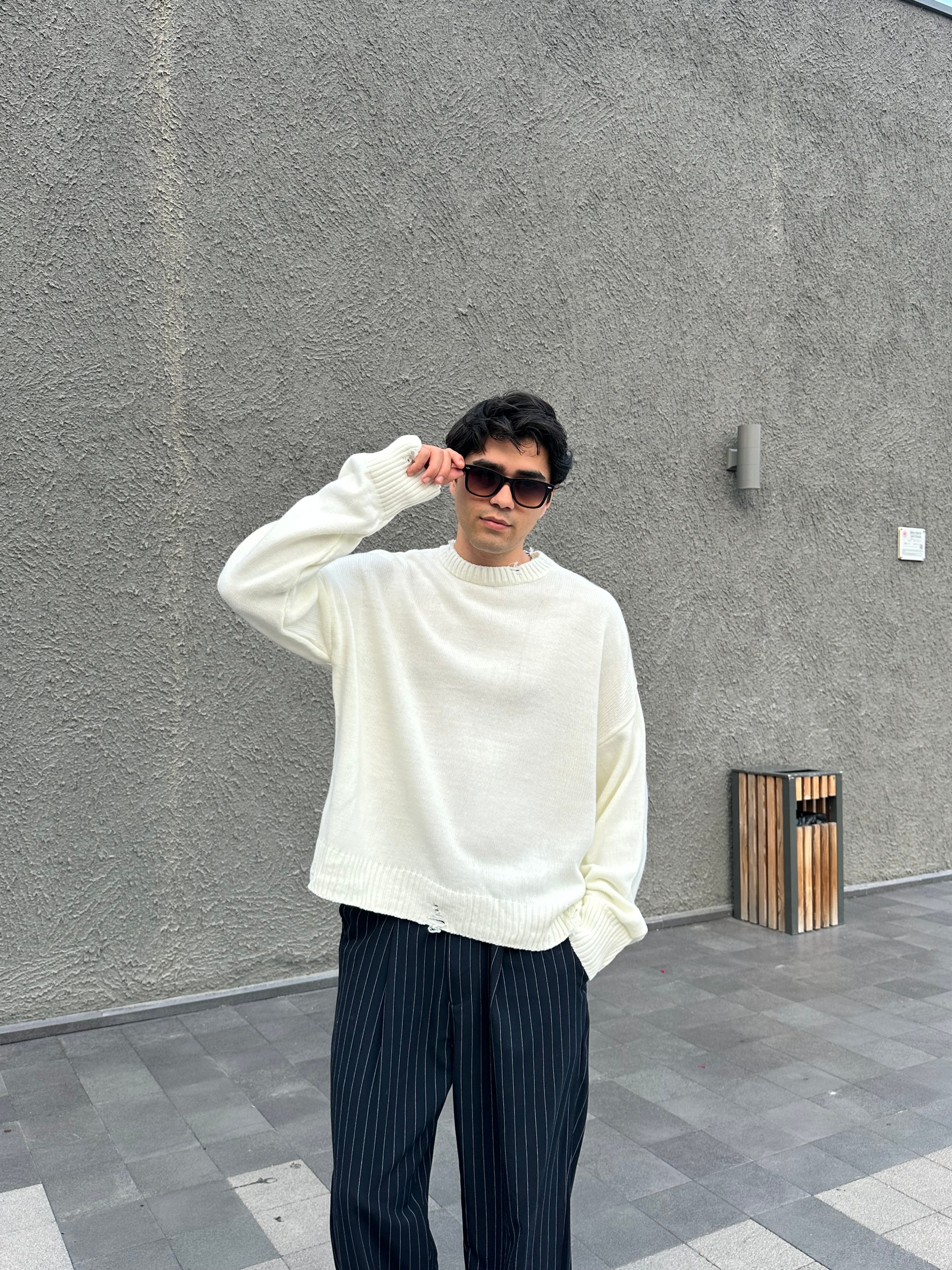 Basic Crop Kesim Oversize Triko Kazak - Ekru