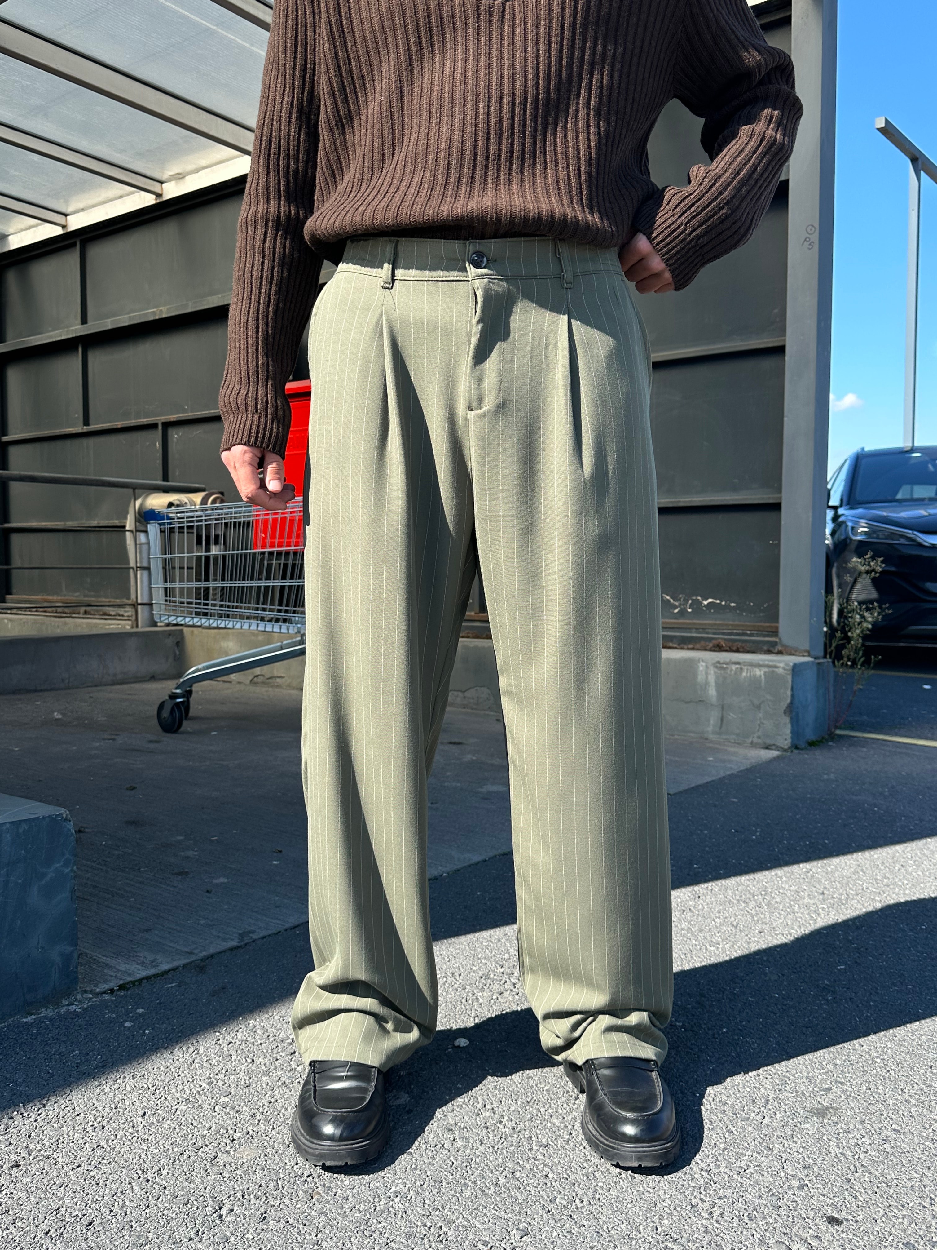 Premium Çizgili Baggy Kumaş Pantolon  - Haki Yeşil