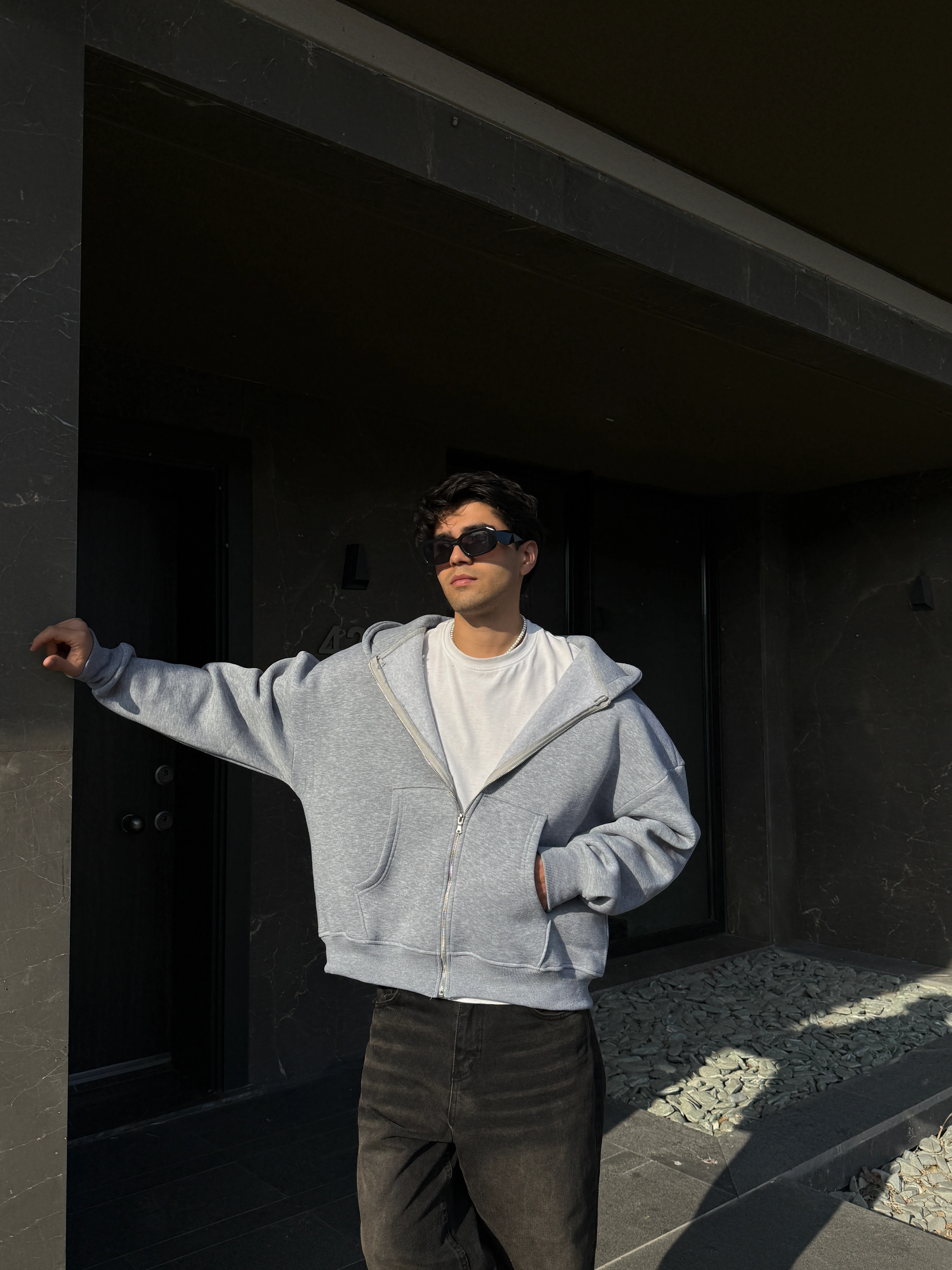 Boxy Fit Basic Zip Hoodie - Gri