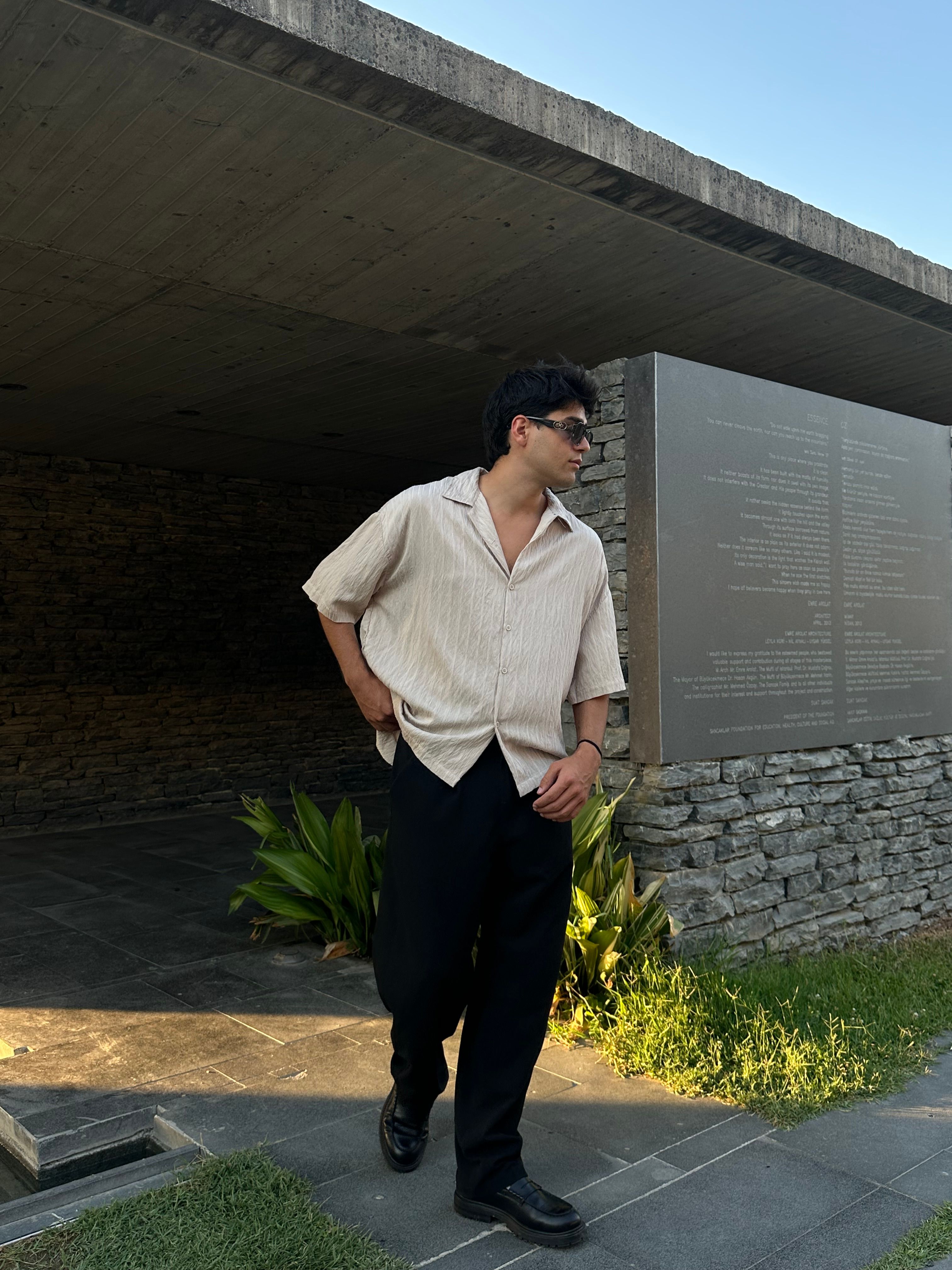 Basic Çizgili Oversize Gömlek - Bej