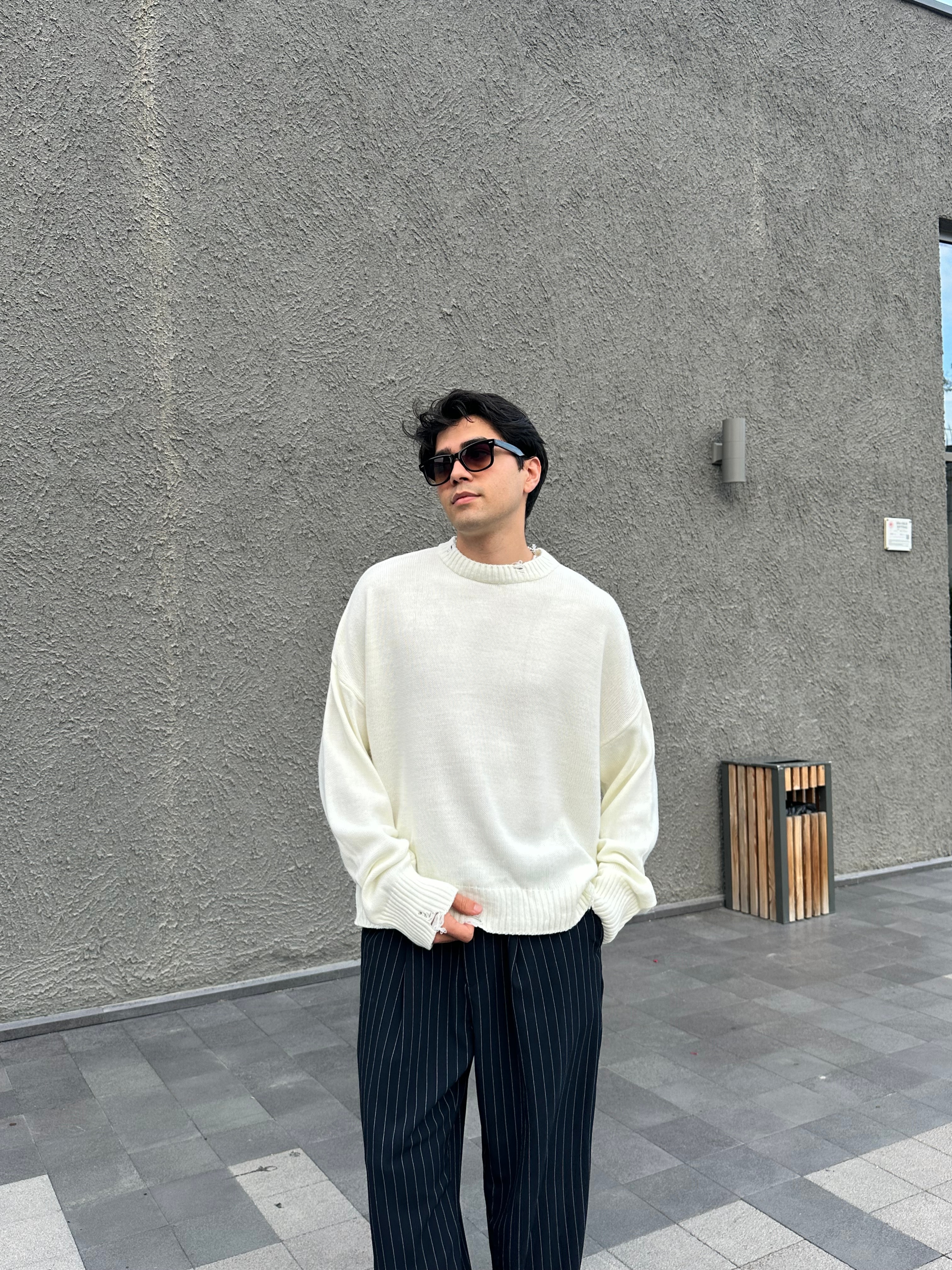 Basic Crop Kesim Oversize Triko Kazak - Ekru