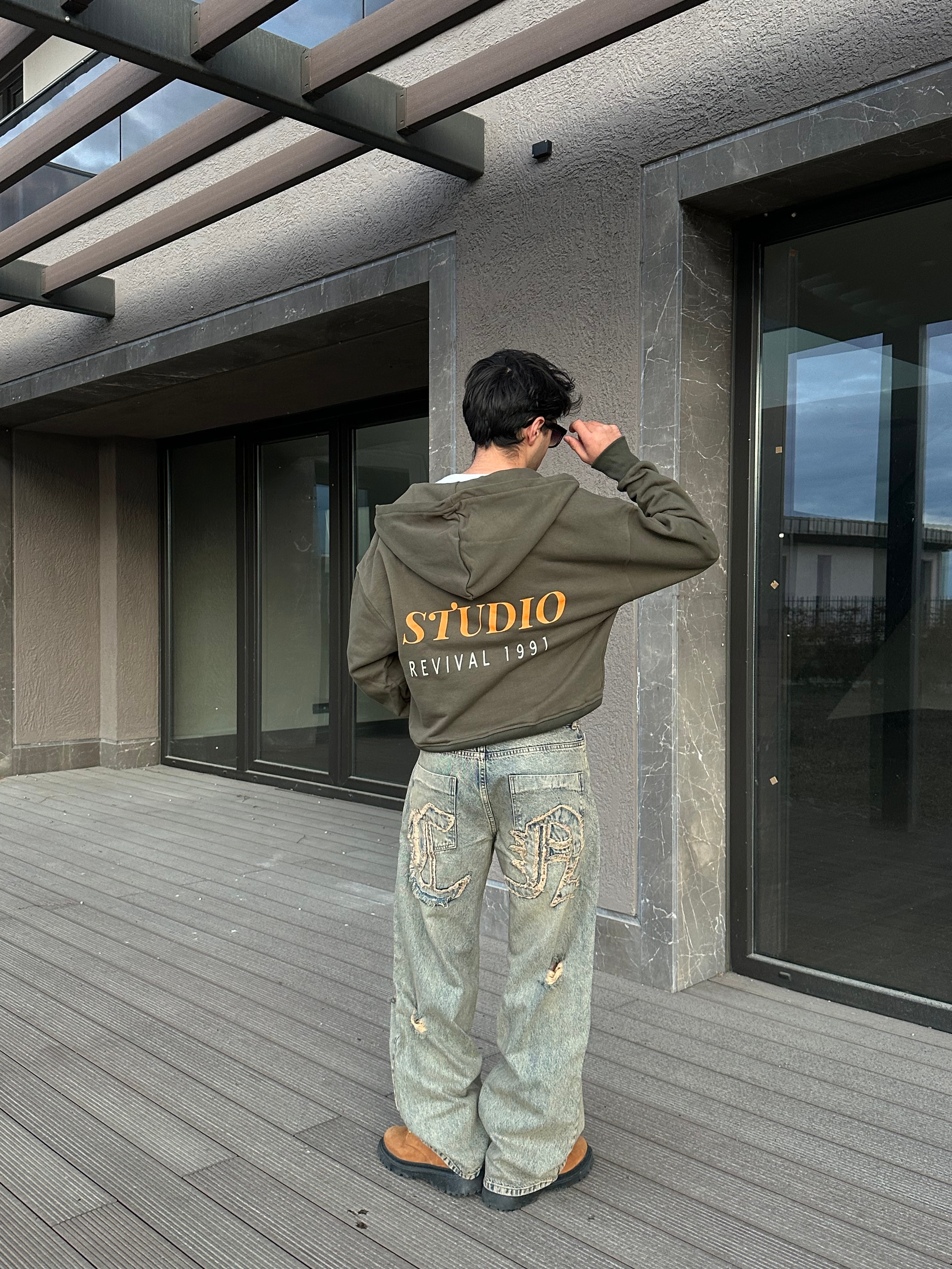 Studio Revival Baskılı Haki Yeşil Zip Hoodie 