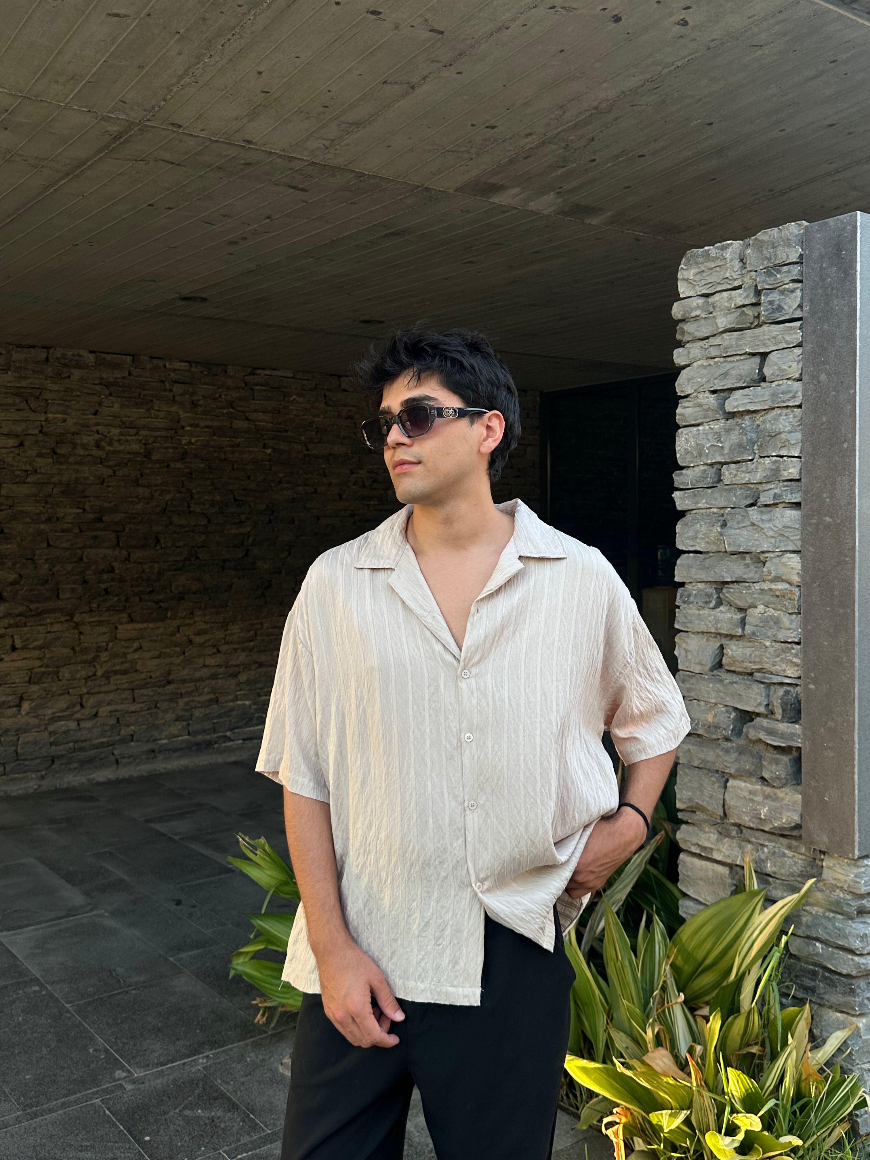 Basic Çizgili Oversize Gömlek - Bej