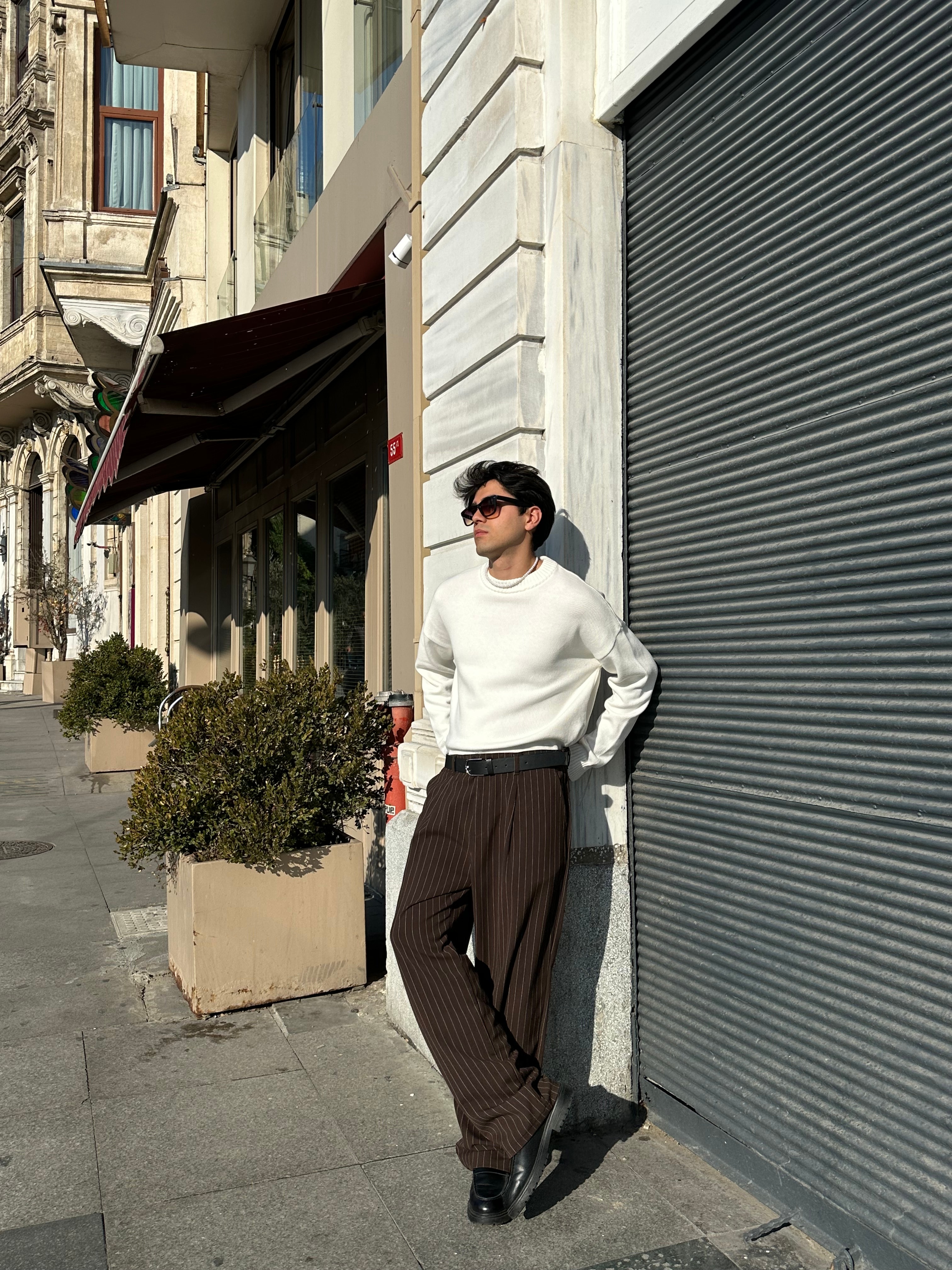 Premium Çizgili Baggy Kumaş Pantolon  - Kahverengi