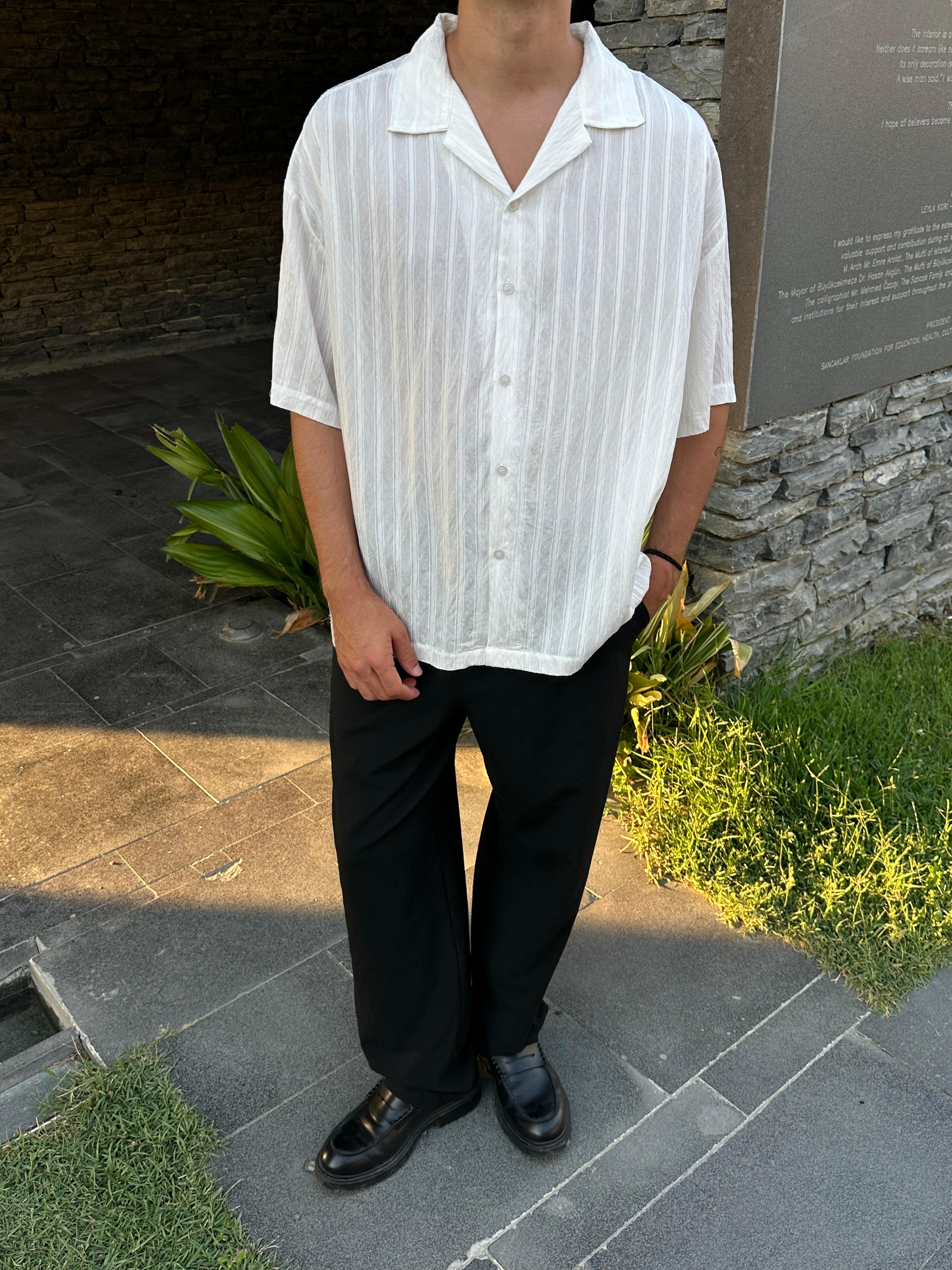 Basic Çizgili Oversize Gömlek - Beyaz