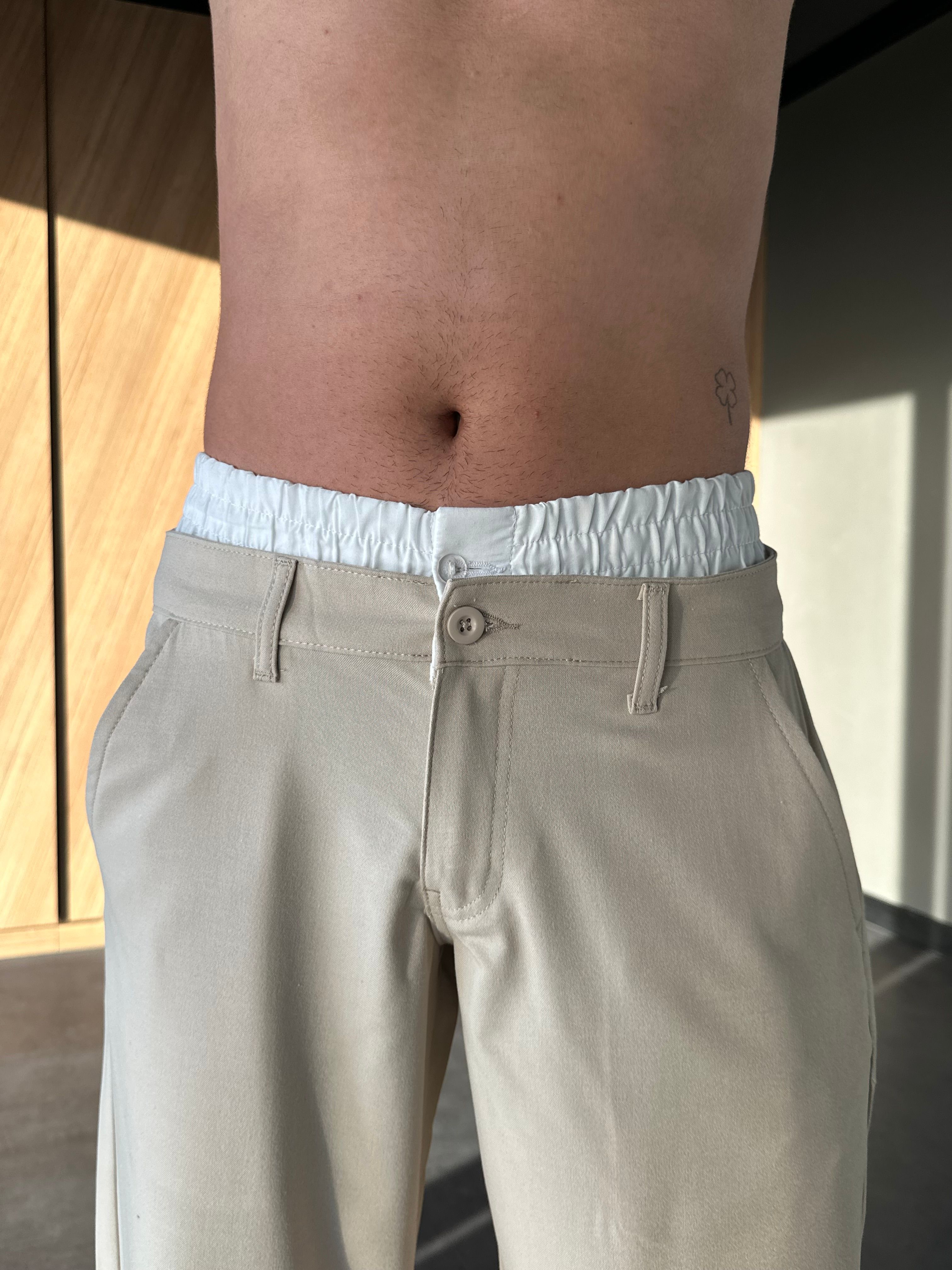 Double Waist Bej Baggy Kumaş Pantolon