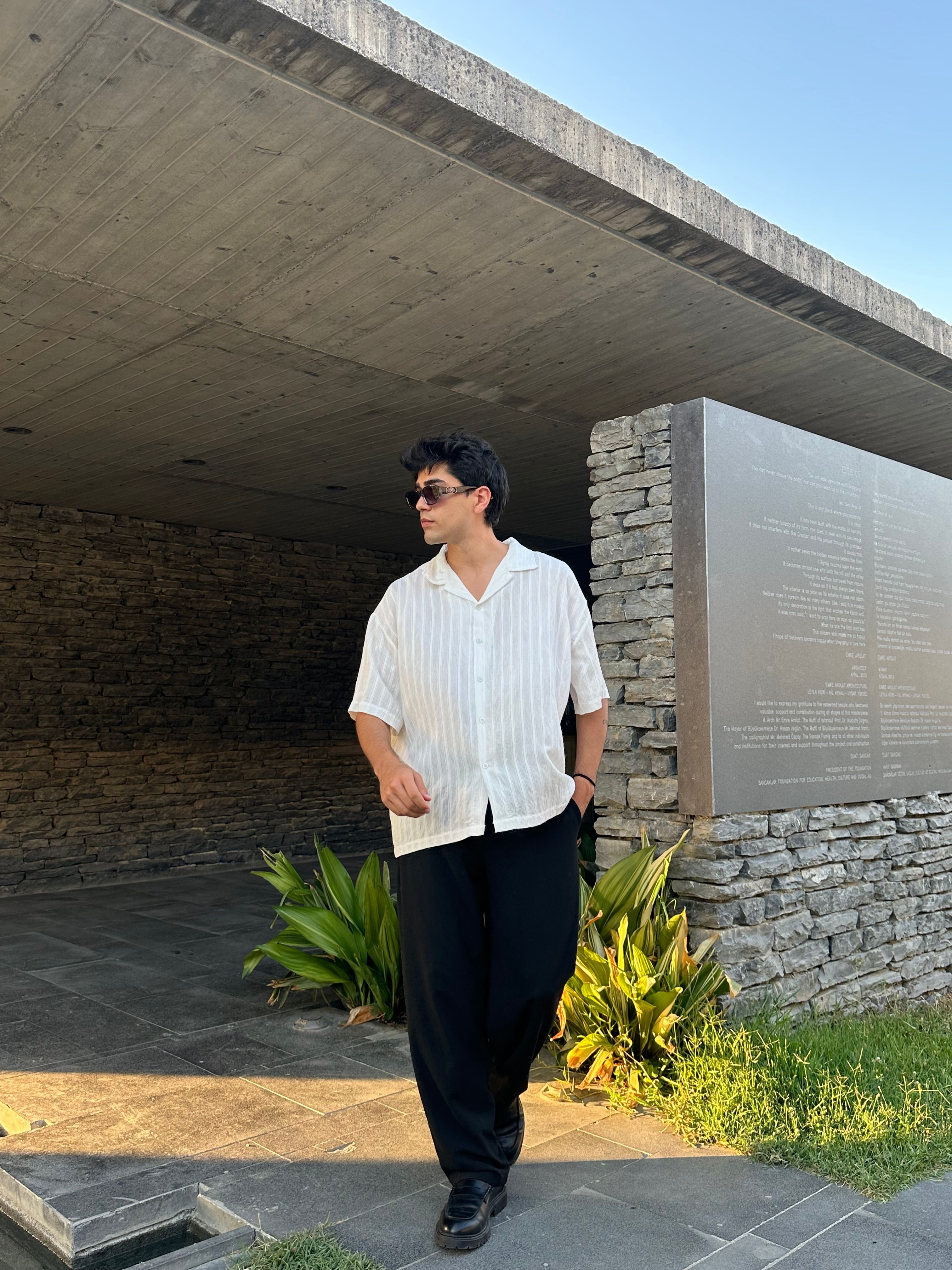 Basic Çizgili Oversize Gömlek - Beyaz
