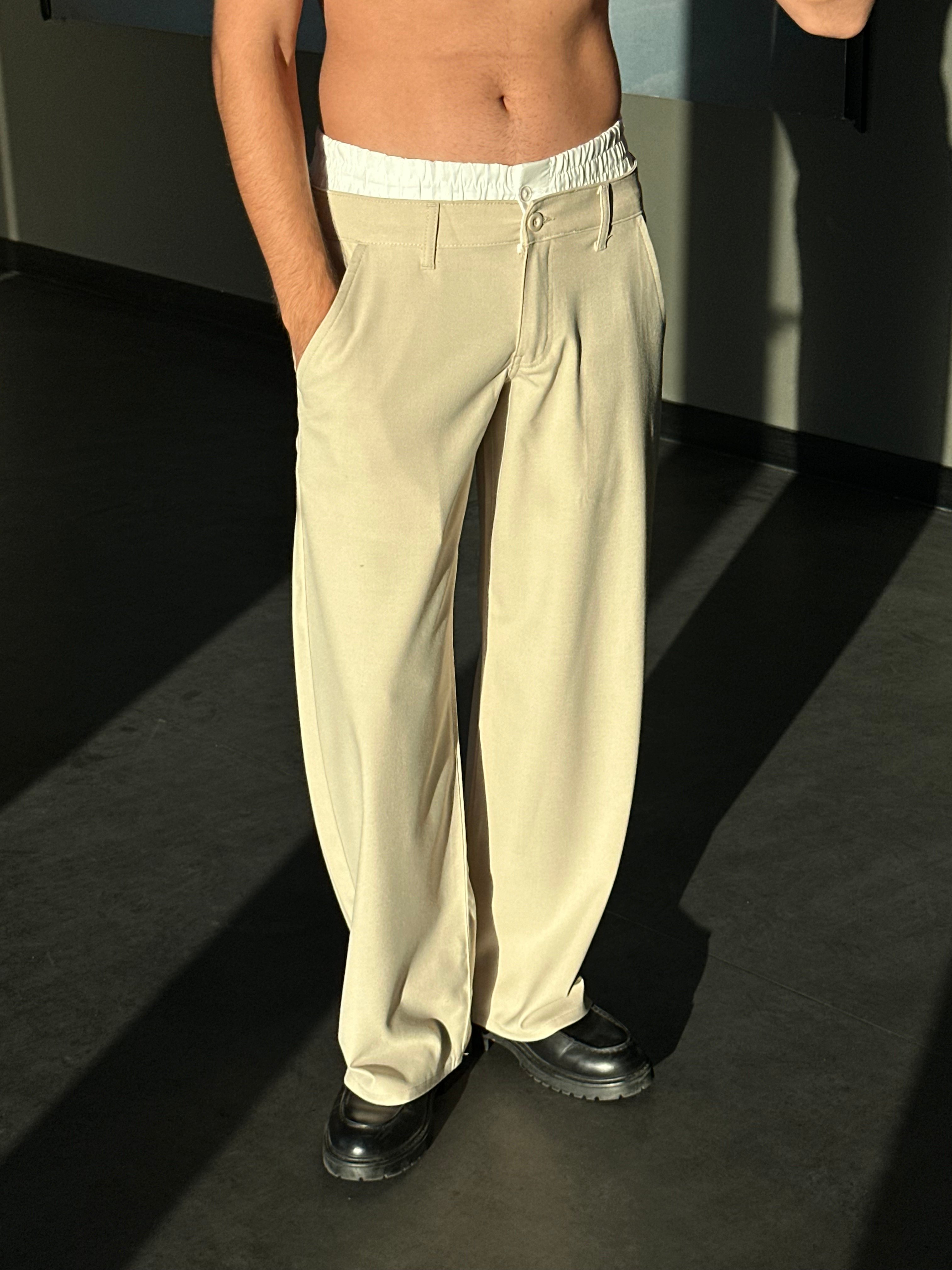 Double Waist Bej Baggy Kumaş Pantolon