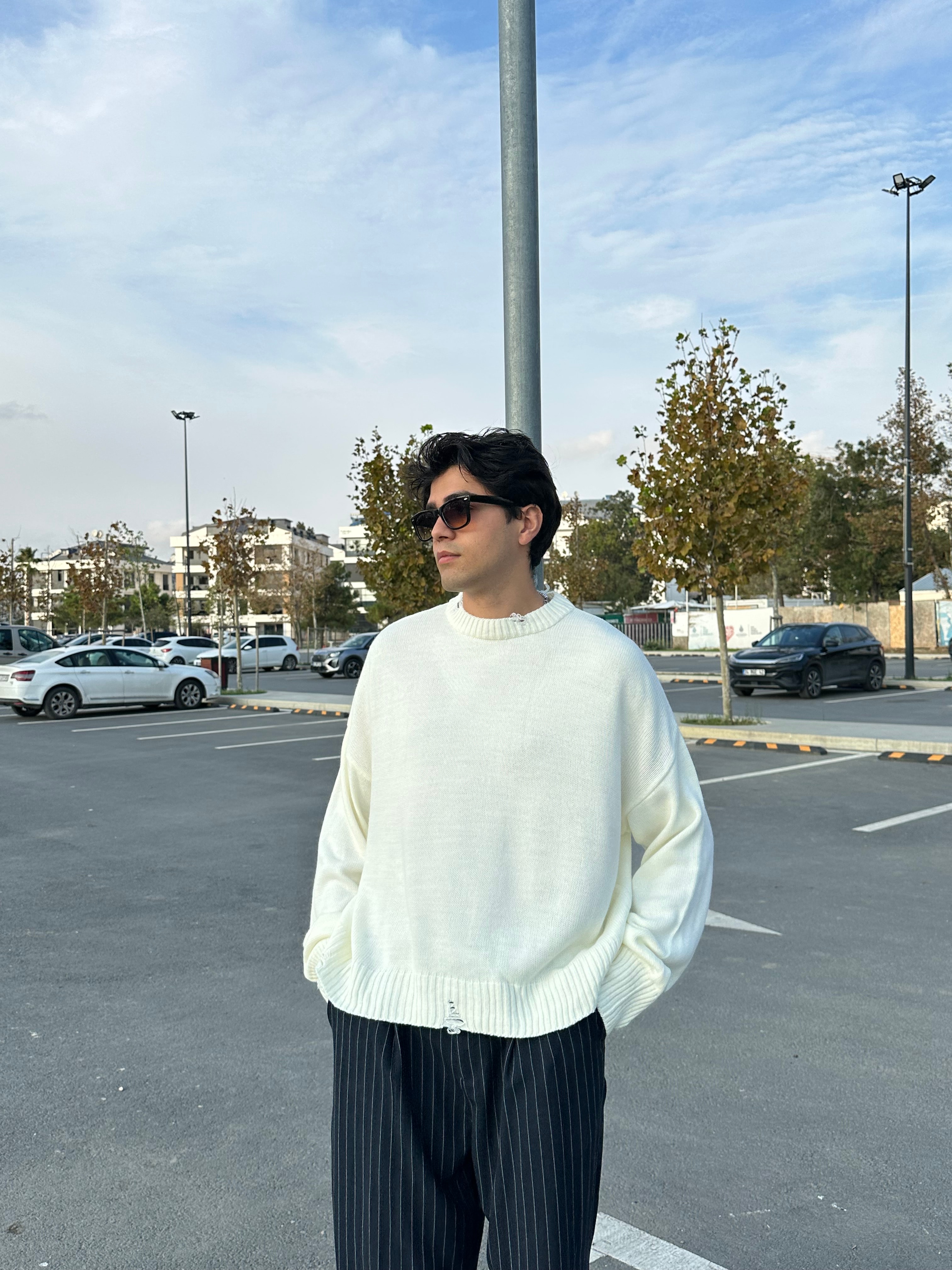 Basic Crop Kesim Oversize Triko Kazak - Ekru