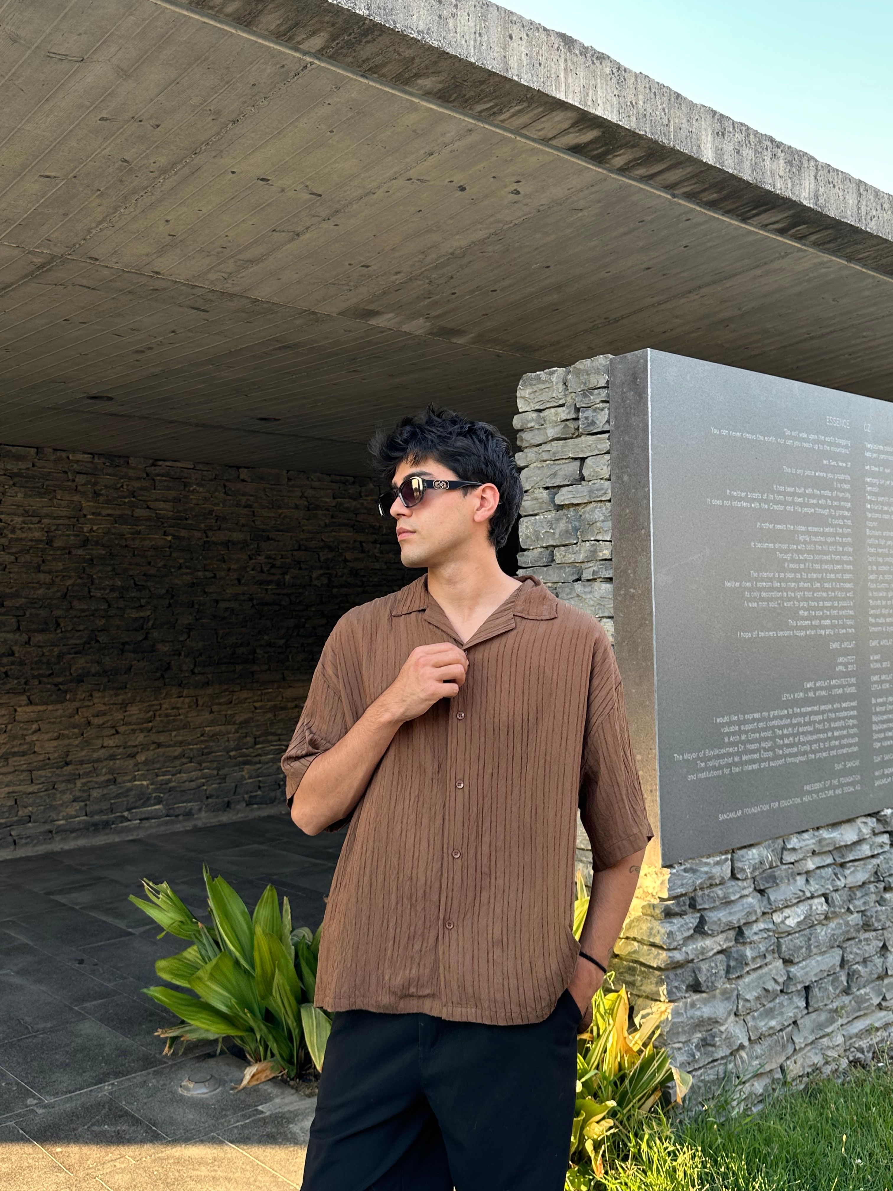 Basic Çizgili Oversize Gömlek - Kahverengi