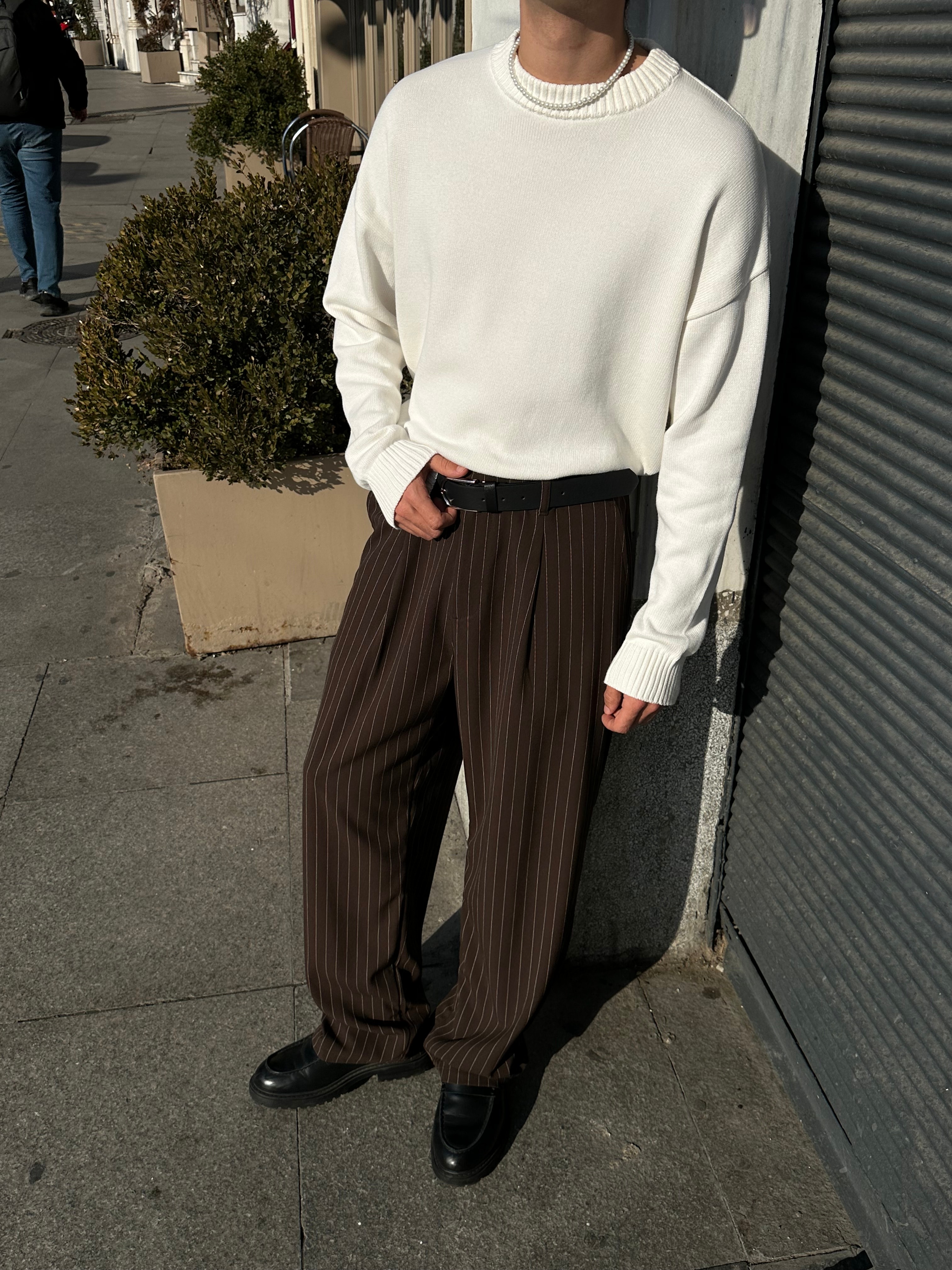 Premium Çizgili Baggy Kumaş Pantolon  - Kahverengi