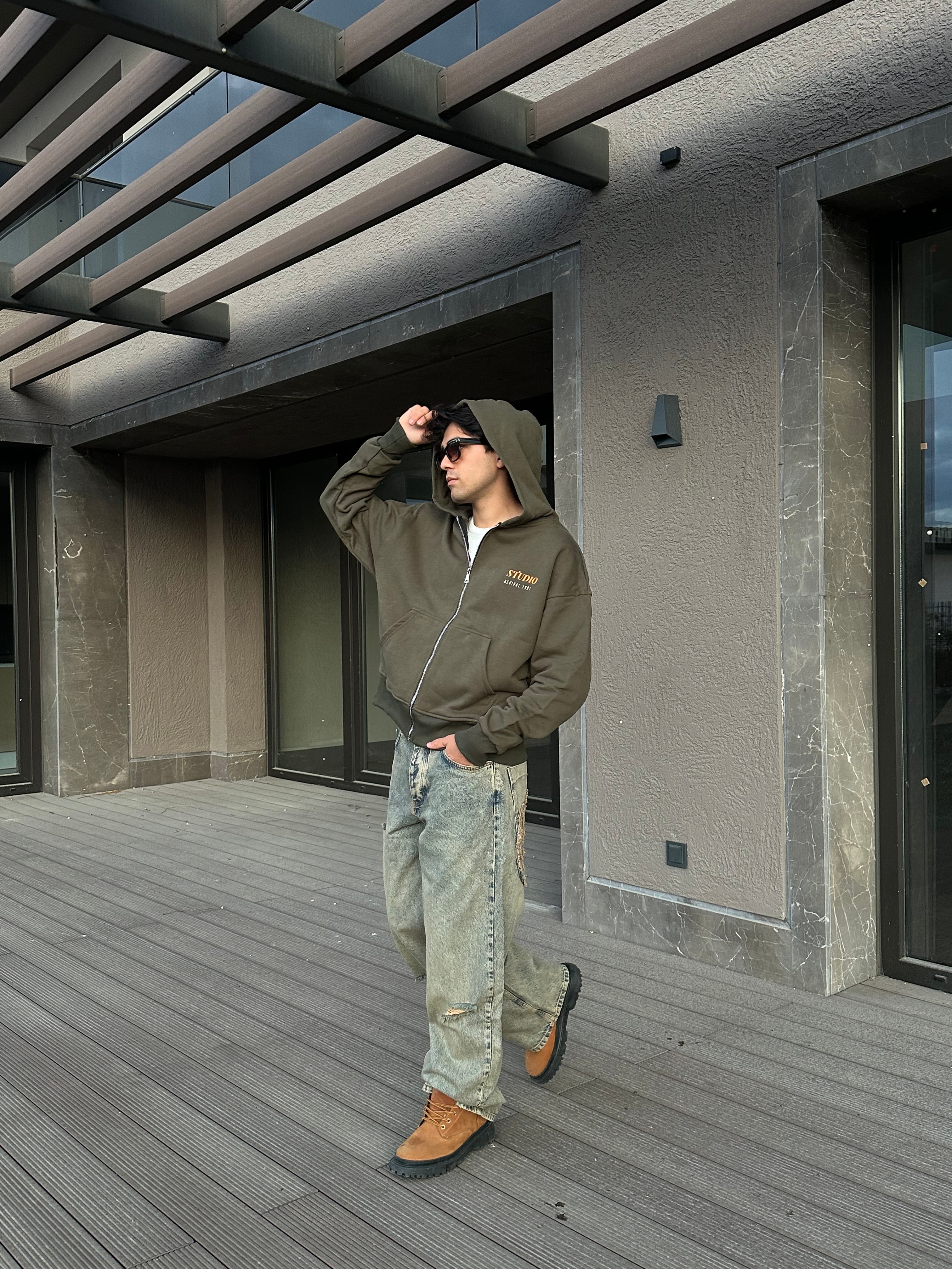 Studio Revival Baskılı Haki Yeşil Zip Hoodie 