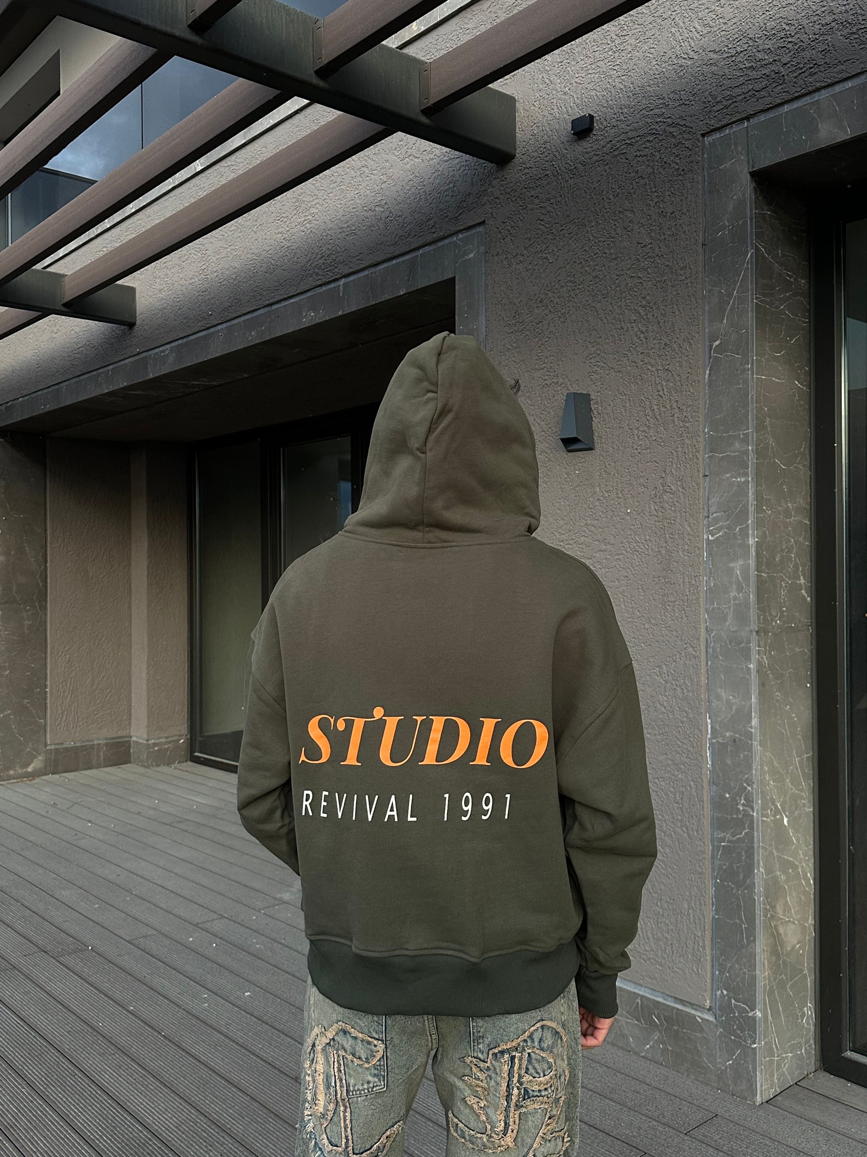Studio Revival Baskılı Haki Yeşil Zip Hoodie 