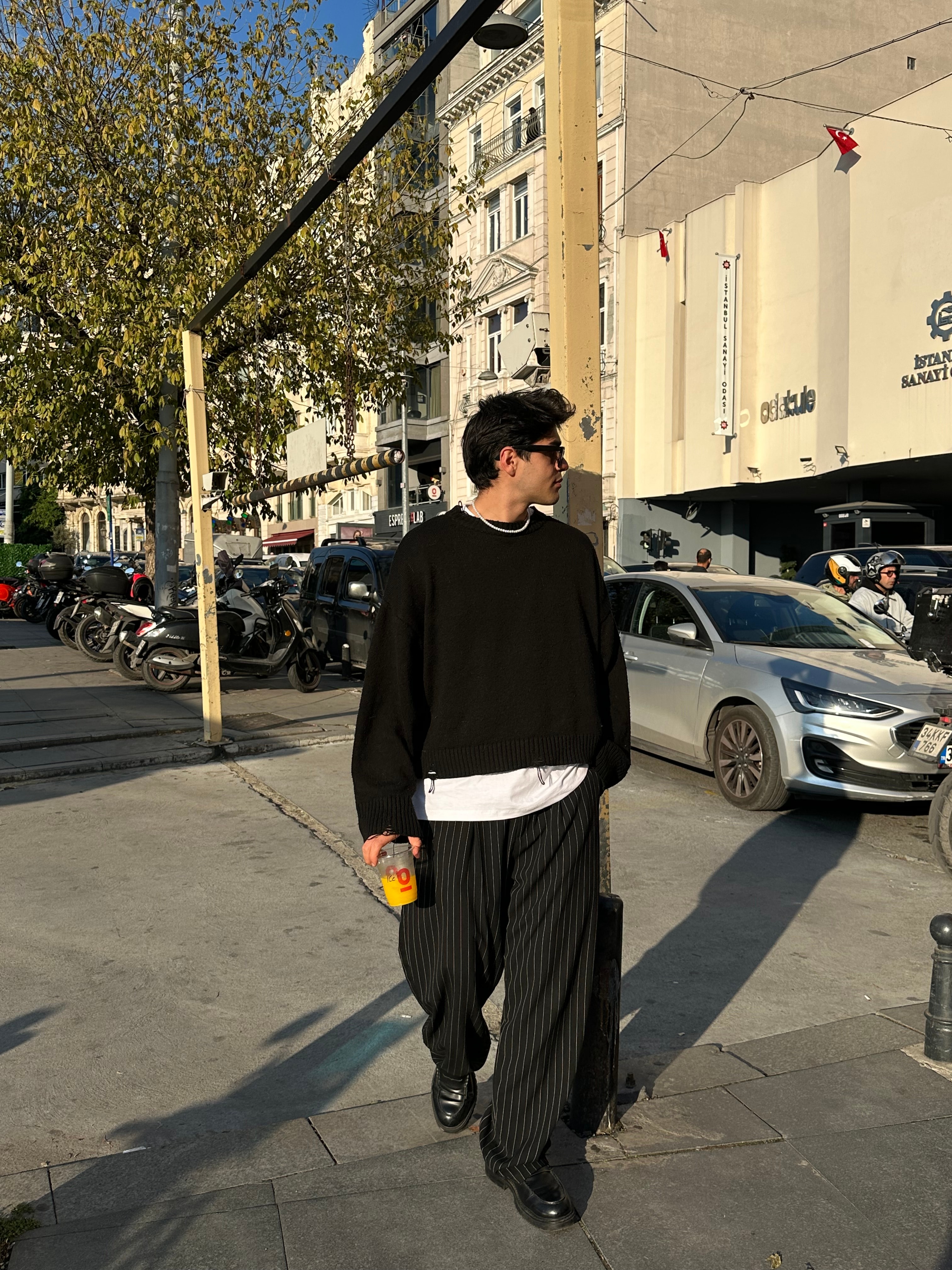 Premium Çizgili Baggy Kumaş Pantolon  - Siyah