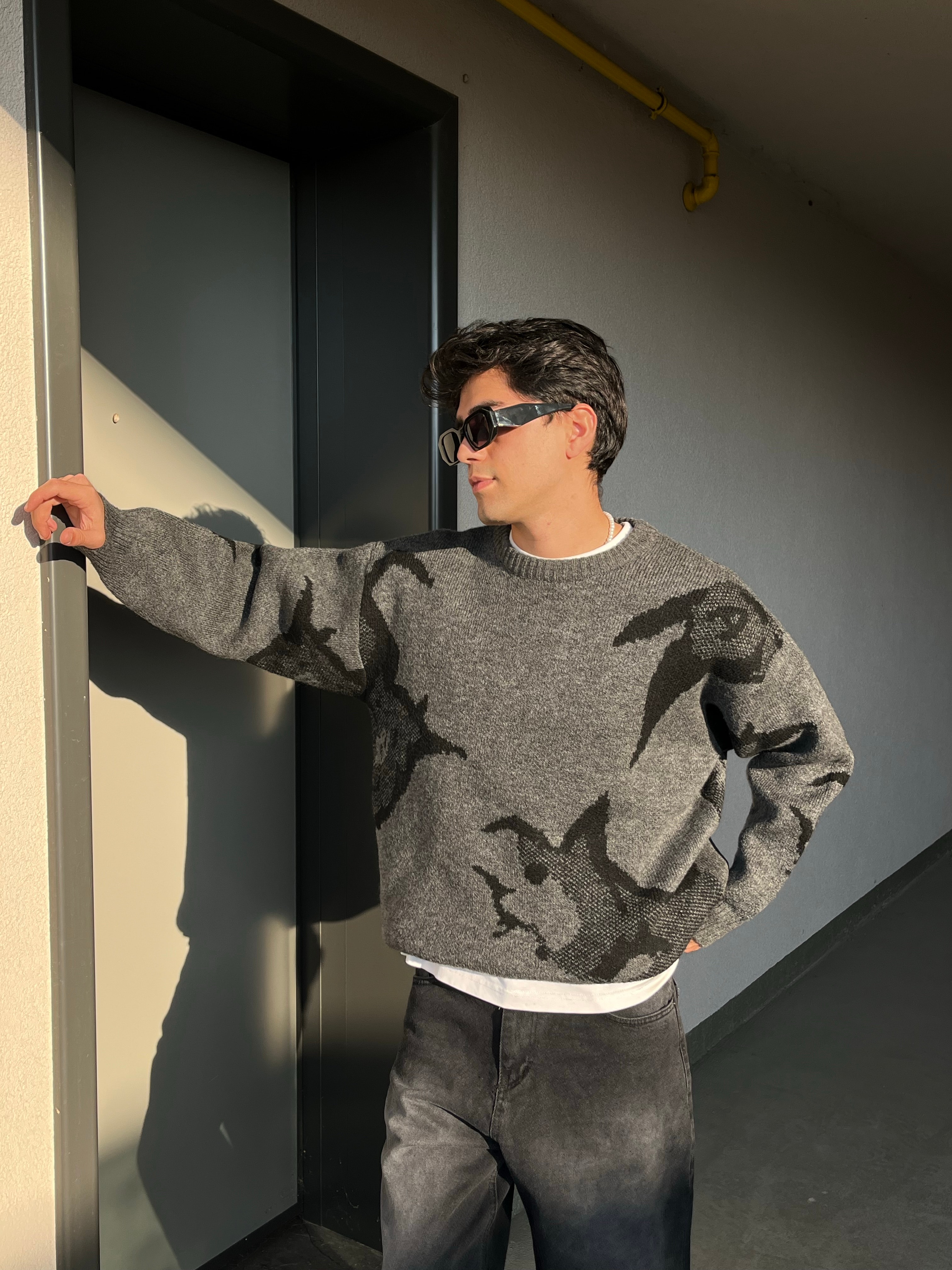 Animal Desen Premium Oversize Antrasit Triko Kazak