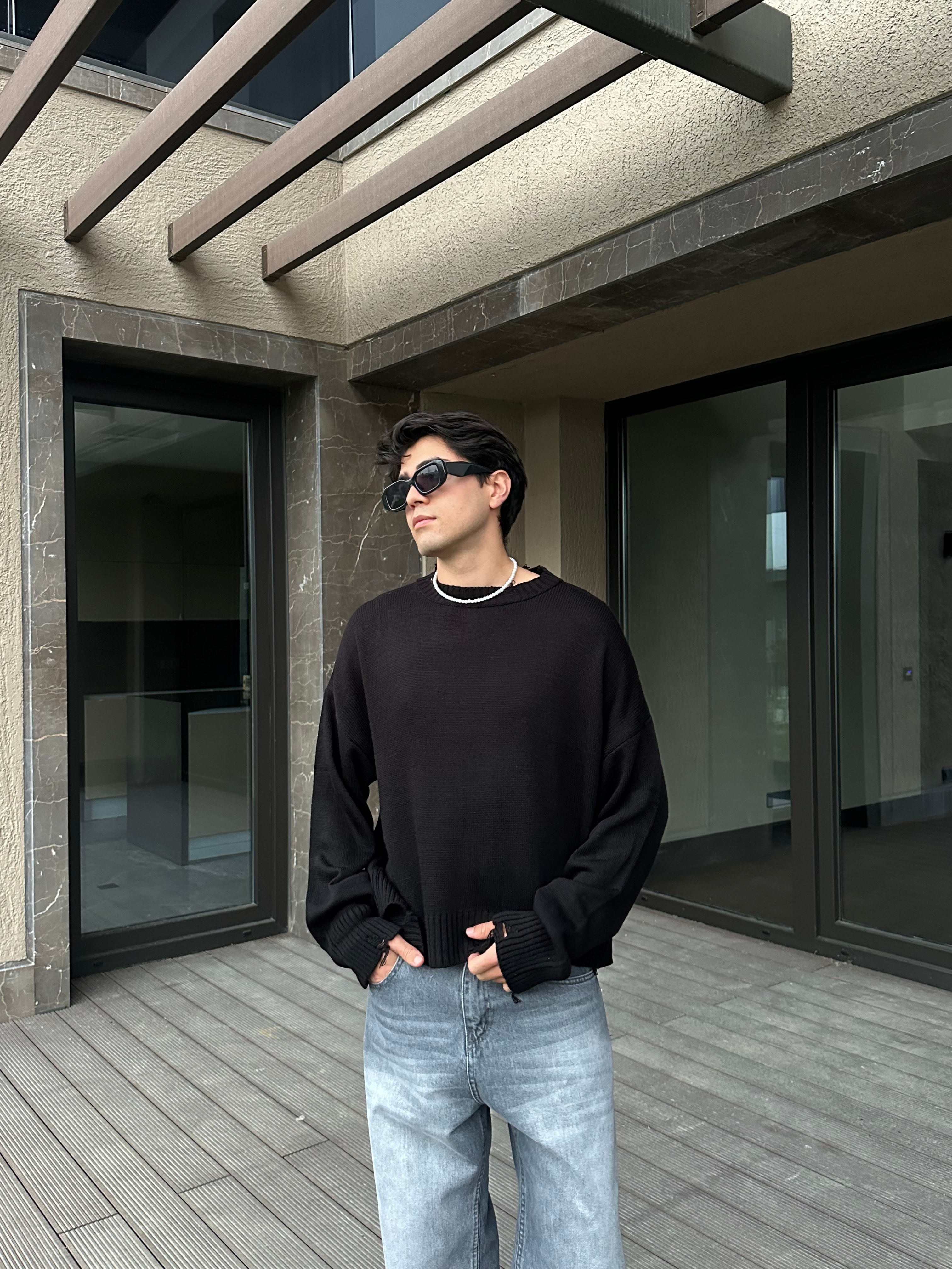 Basic Crop Kesim Oversize Triko Kazak - Siyah