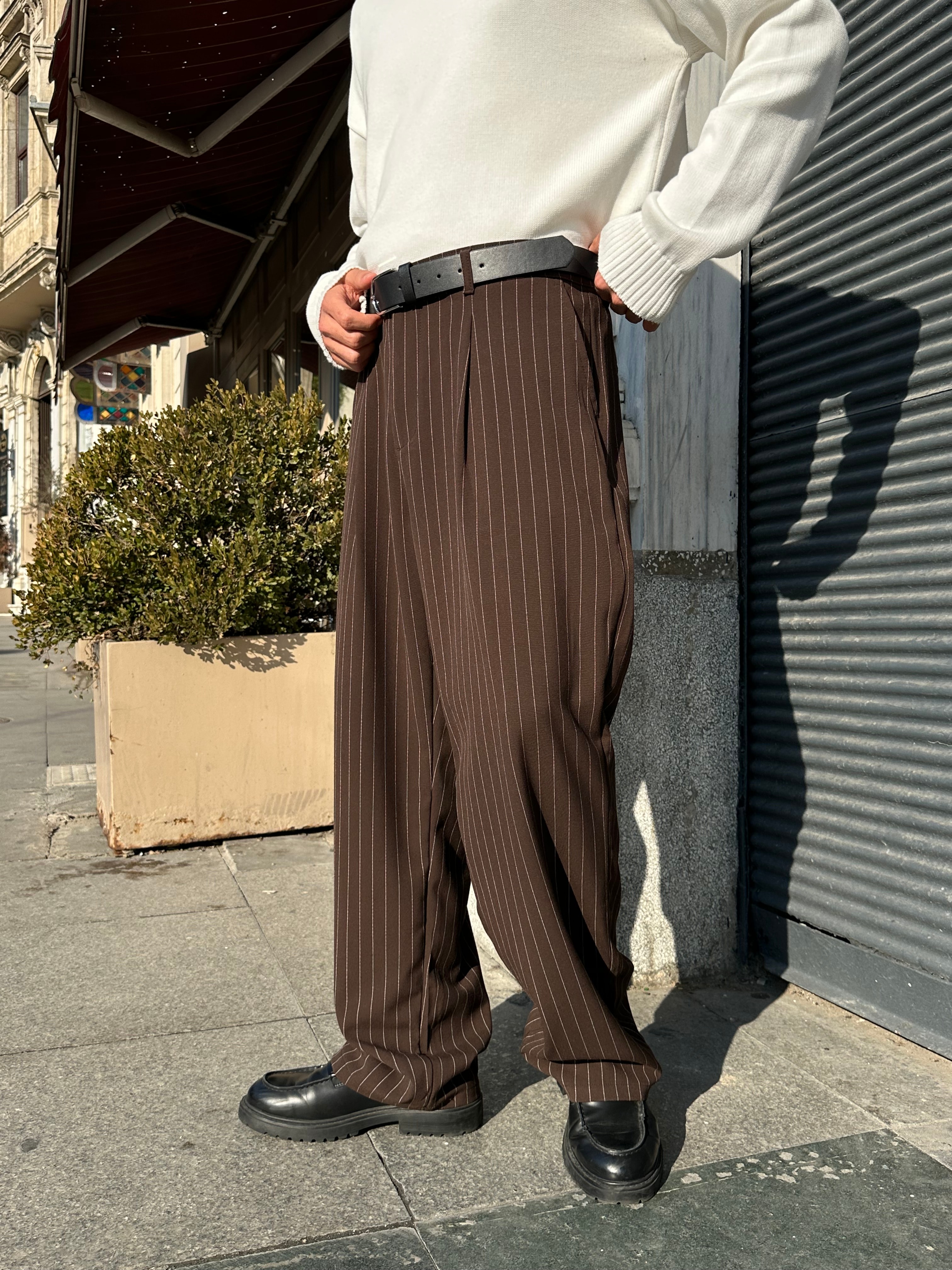 Premium Çizgili Baggy Kumaş Pantolon  - Kahverengi