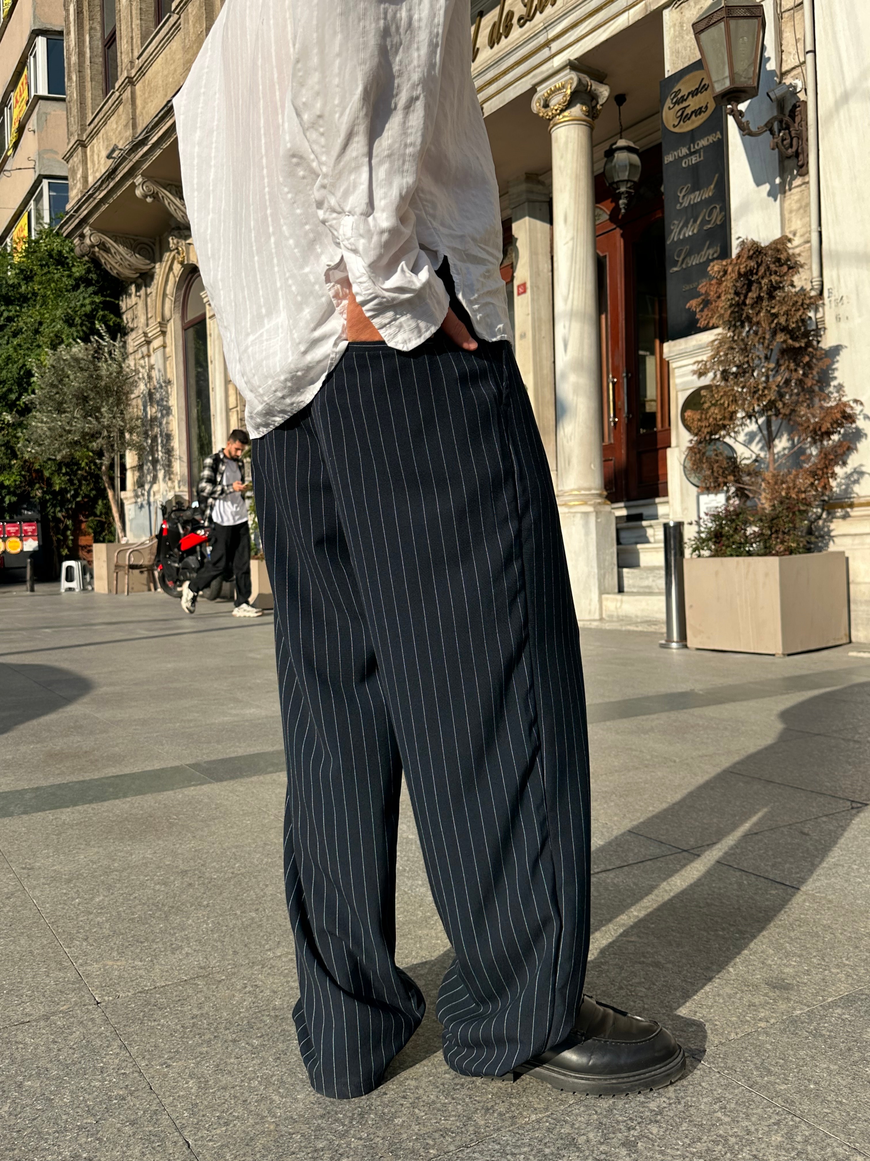 Premium Çizgili Baggy Kumaş Pantolon  - Lacivert