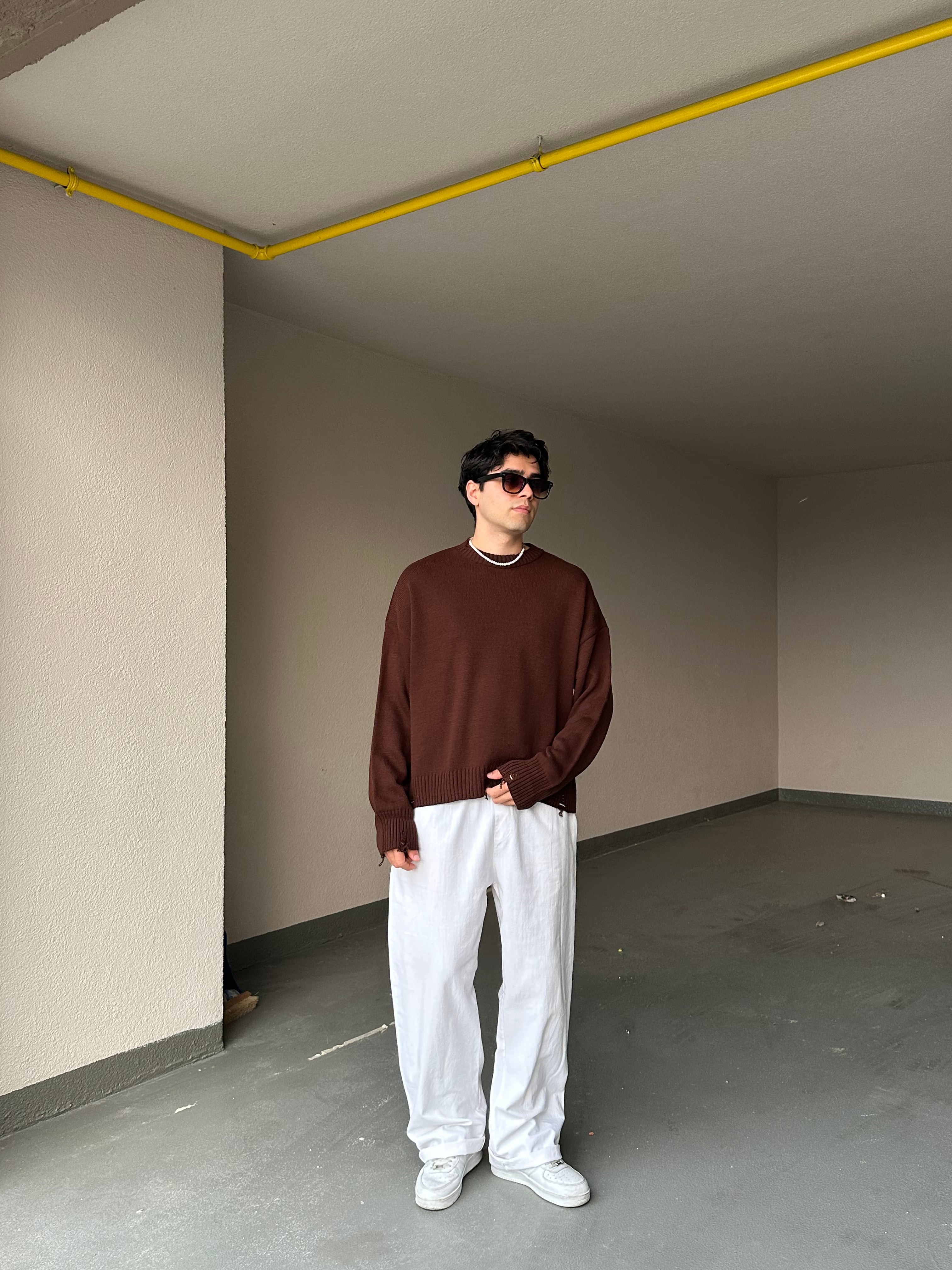 Basic Crop Kesim Oversize Triko Kazak - Kahverengi