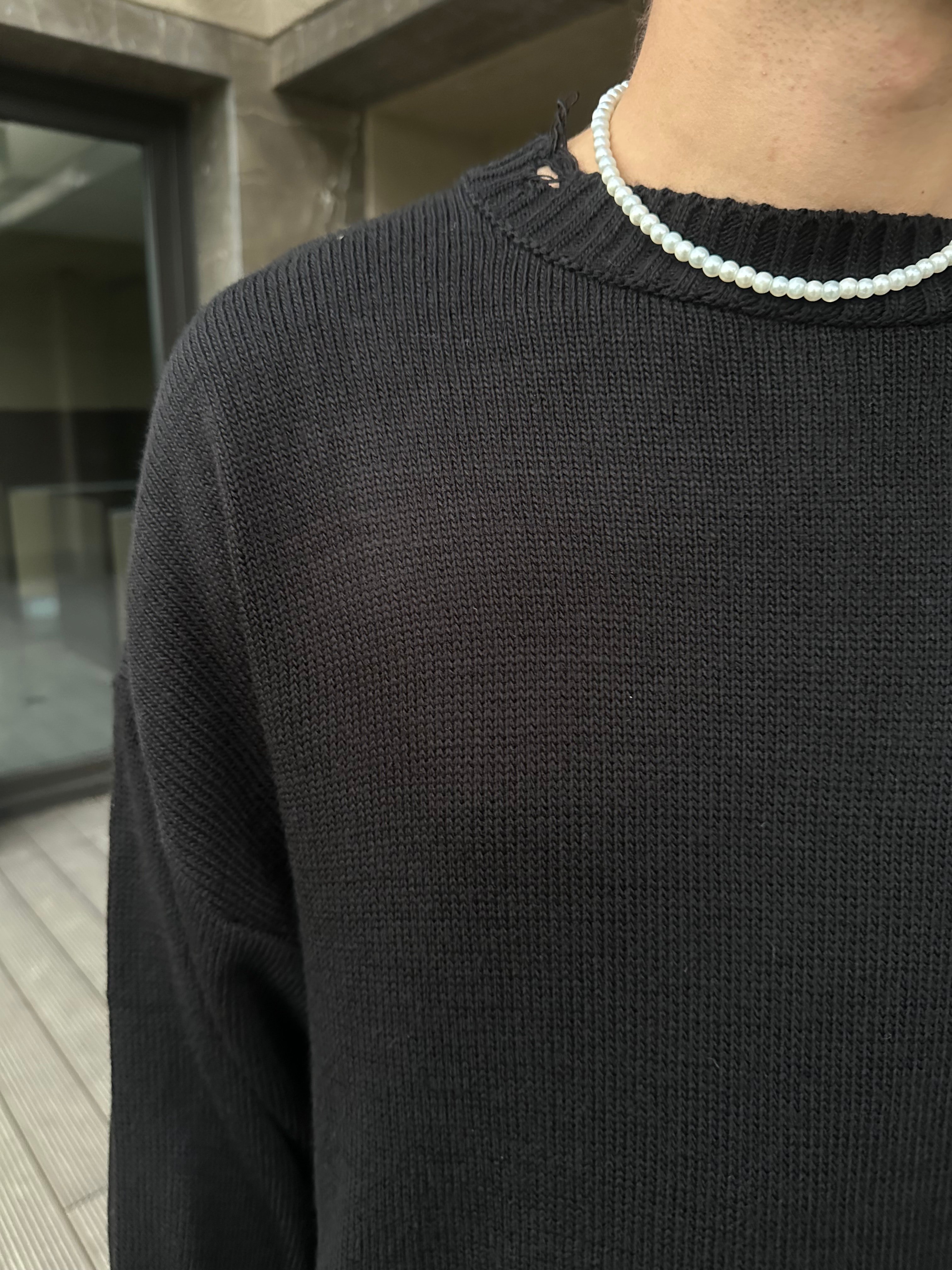 Basic Crop Kesim Oversize Triko Kazak - Siyah