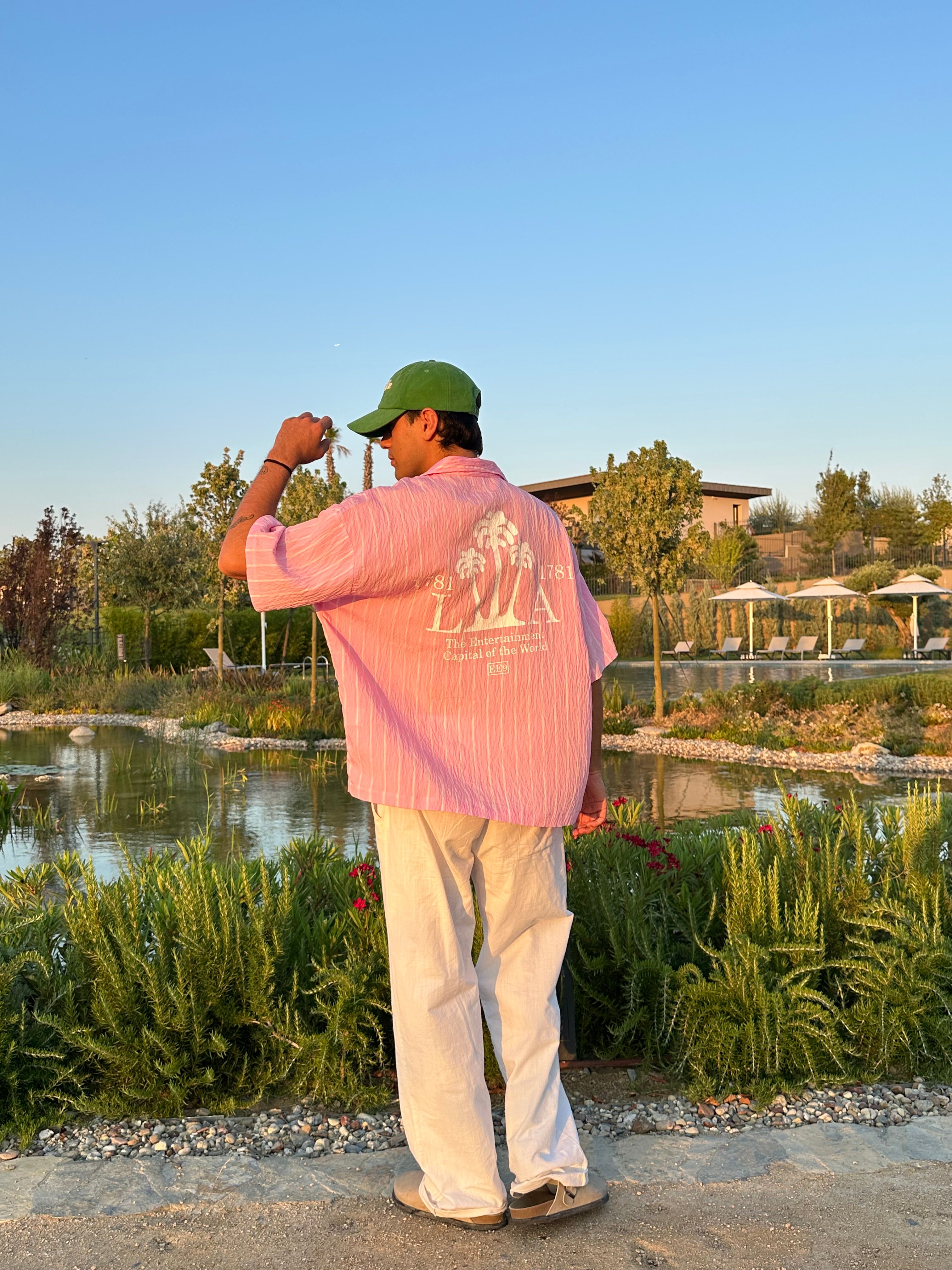 LA Baskılı Oversize Çizgili Gömlek - Pembe