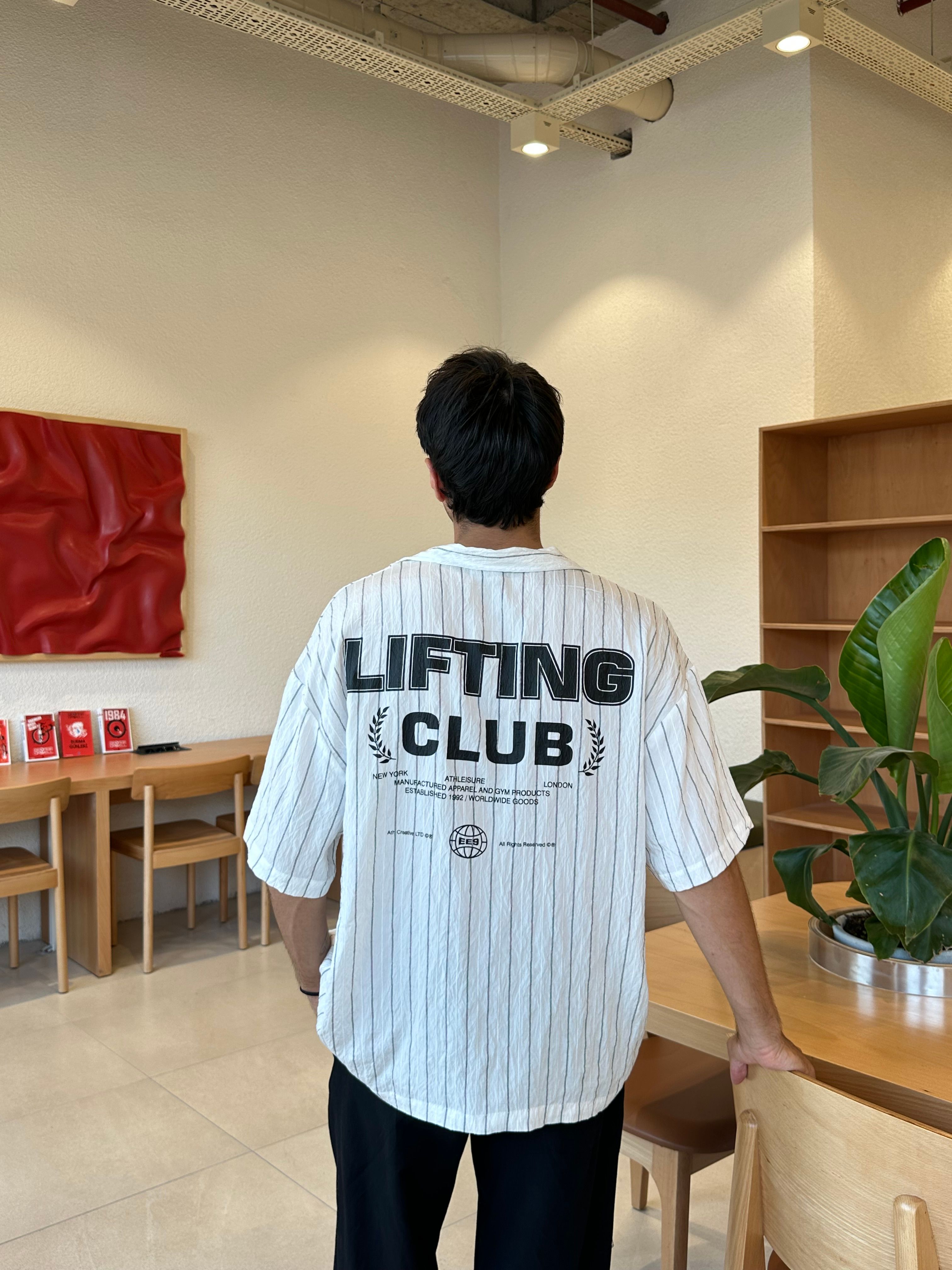 Lifting Club Baskılı Oversize Çizgili Gömlek - Beyaz