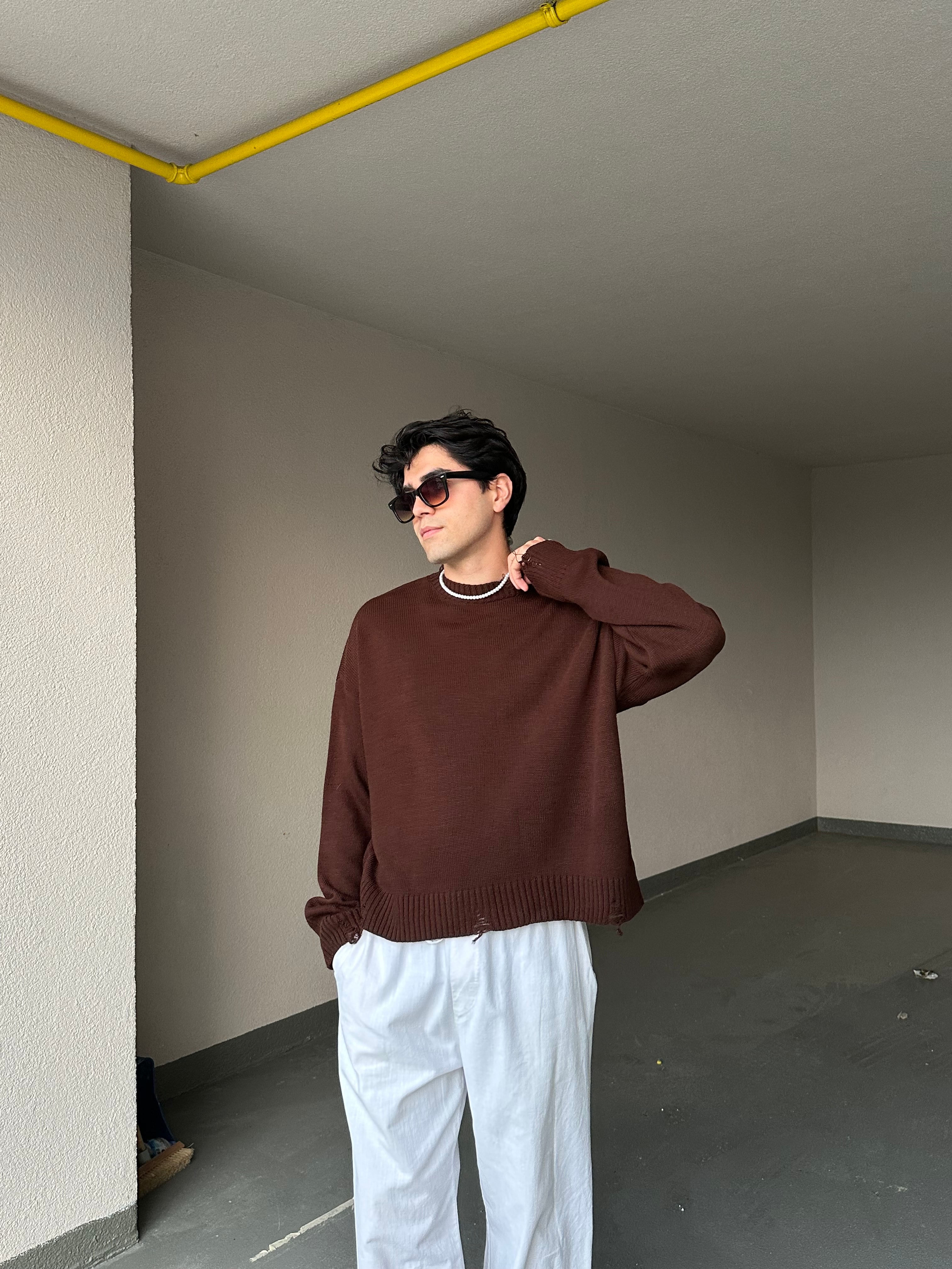 Basic Crop Kesim Oversize Triko Kazak - Kahverengi