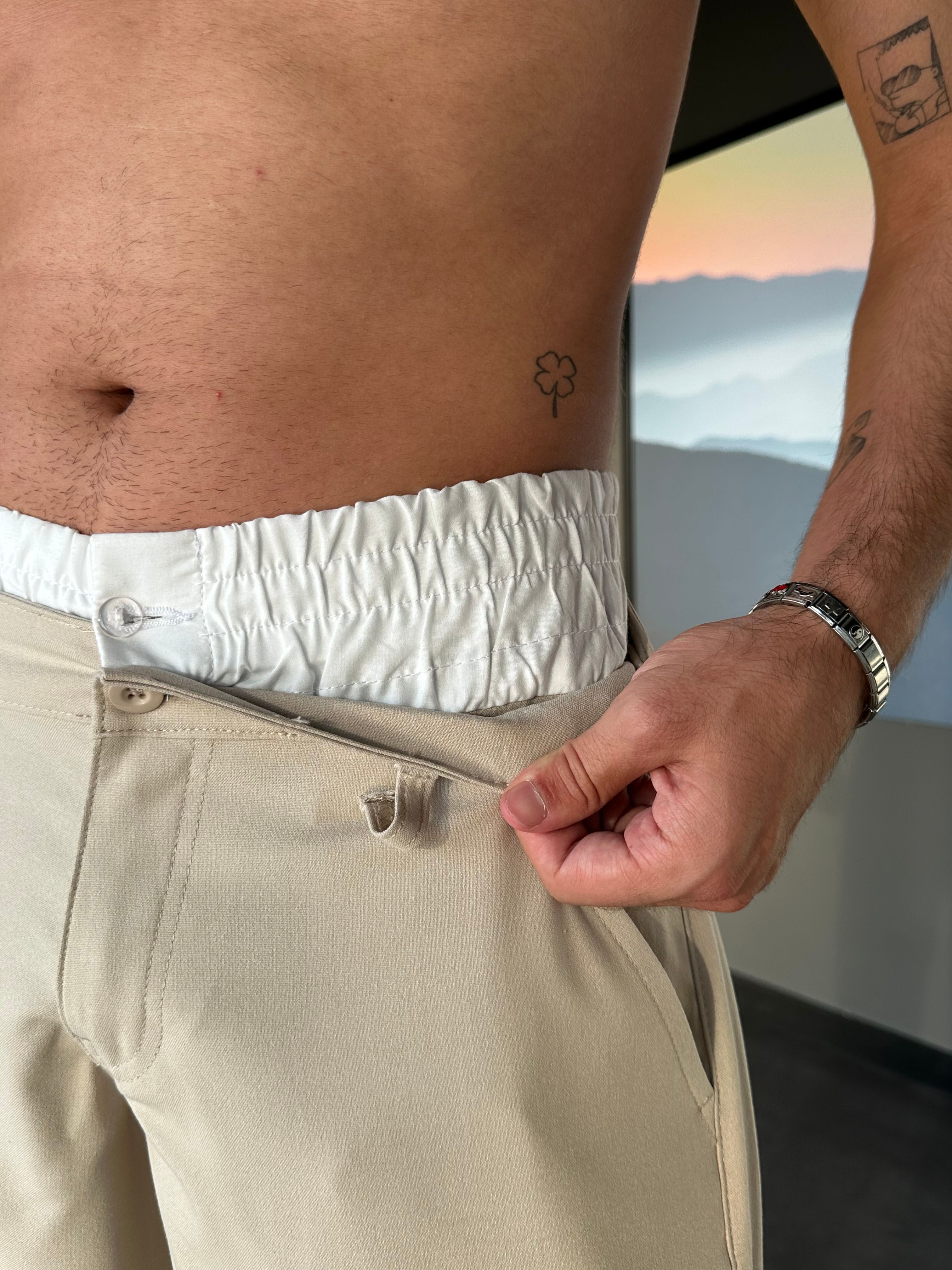 Double Waist Bej Baggy Kumaş Pantolon