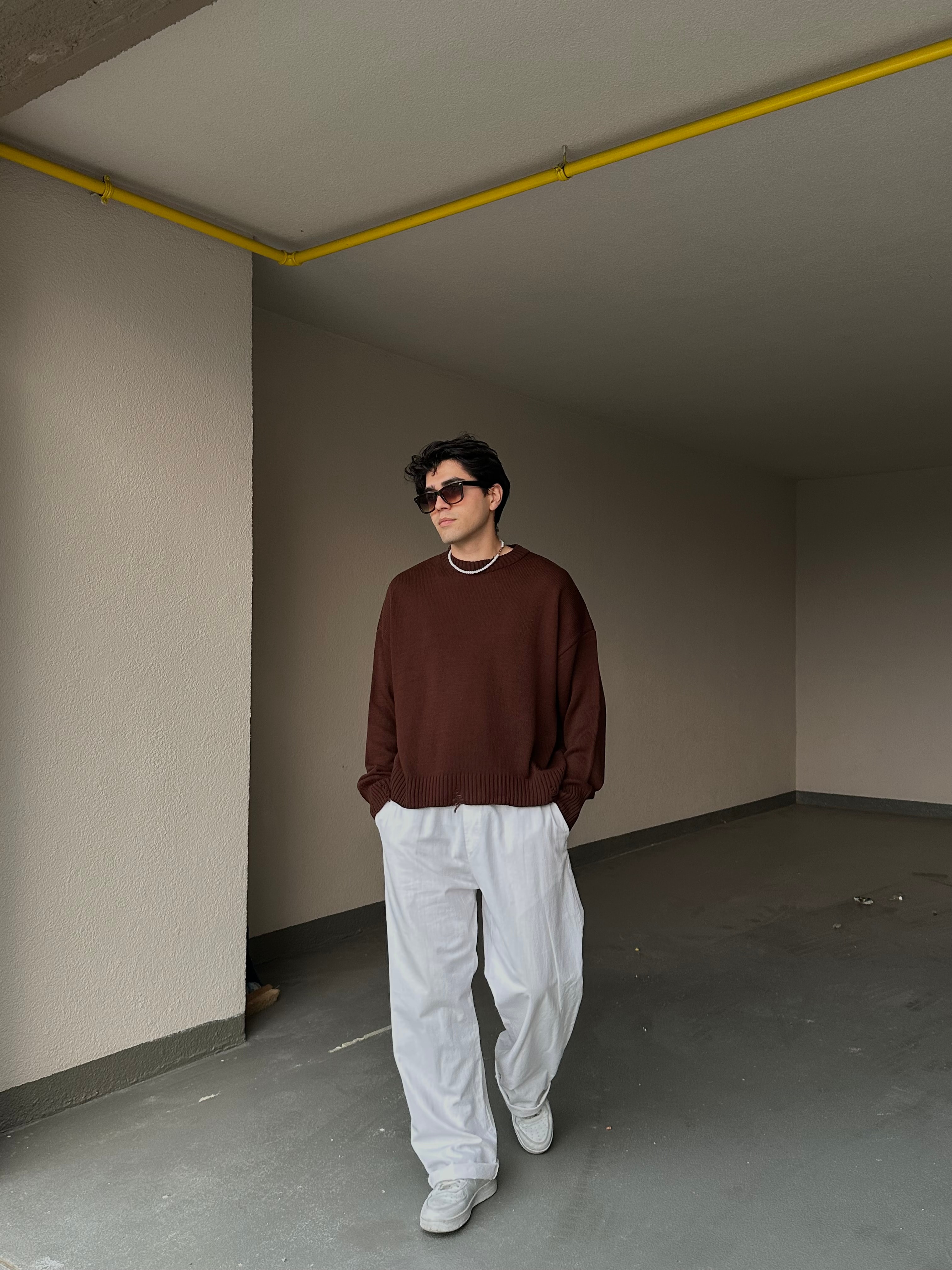 Basic Crop Kesim Oversize Triko Kazak - Kahverengi