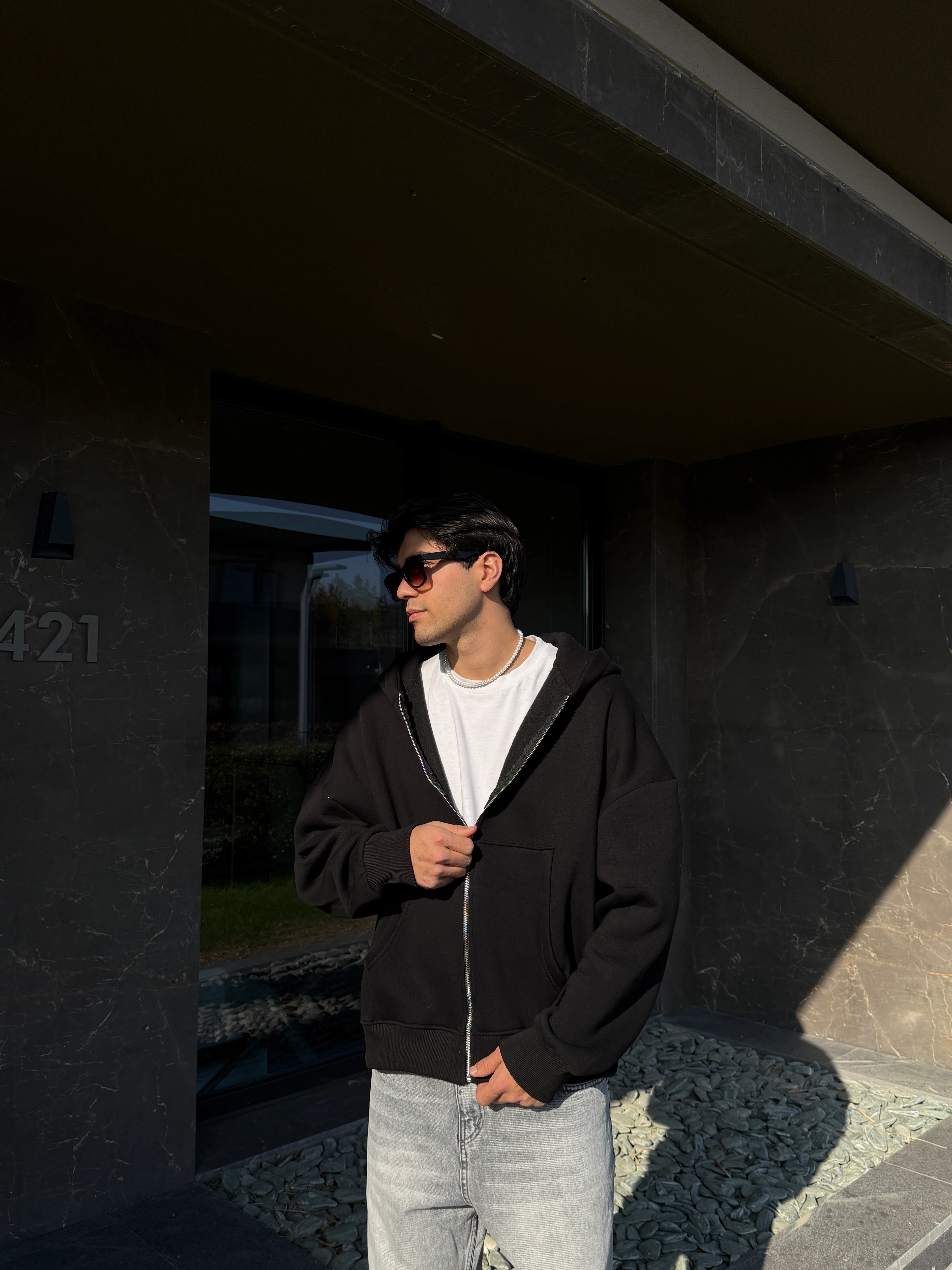 Boxy Fit Basic Zip Hoodie - Siyah